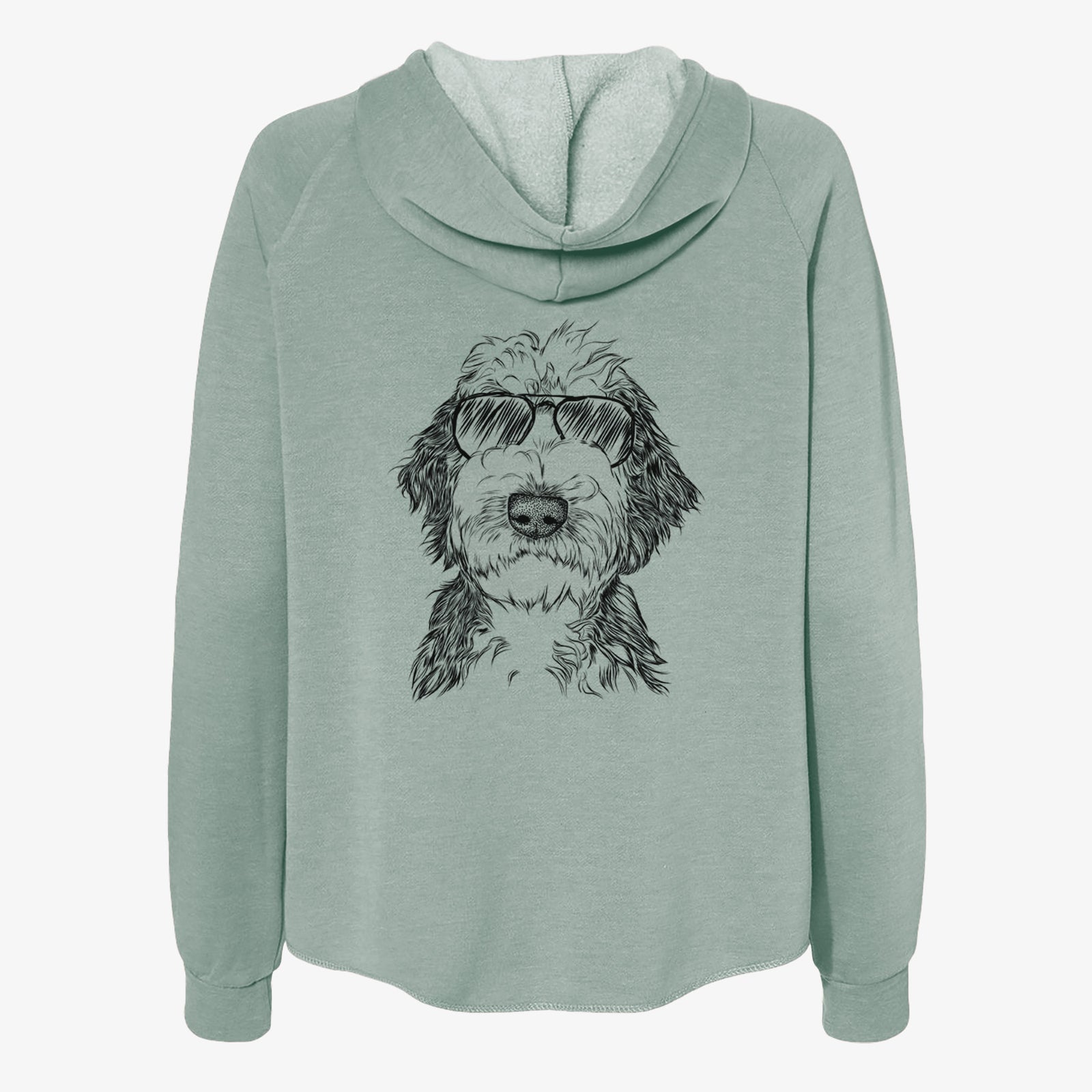Hand-drawn sketch of Milo Fluff the Sheepadoodle wearing aviator sunglasses on a Sage Women's cali wave zip-up sweatshirt
