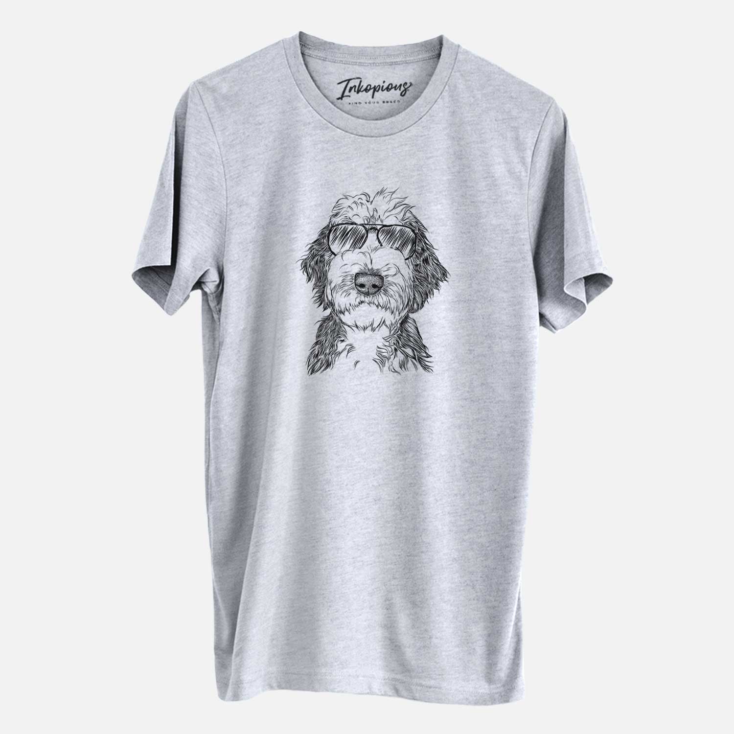 Hand-drawn sketch of Milo Fluff the Sheepadoodle wearing aviator sunglasses on a Grey Unisex crewneck