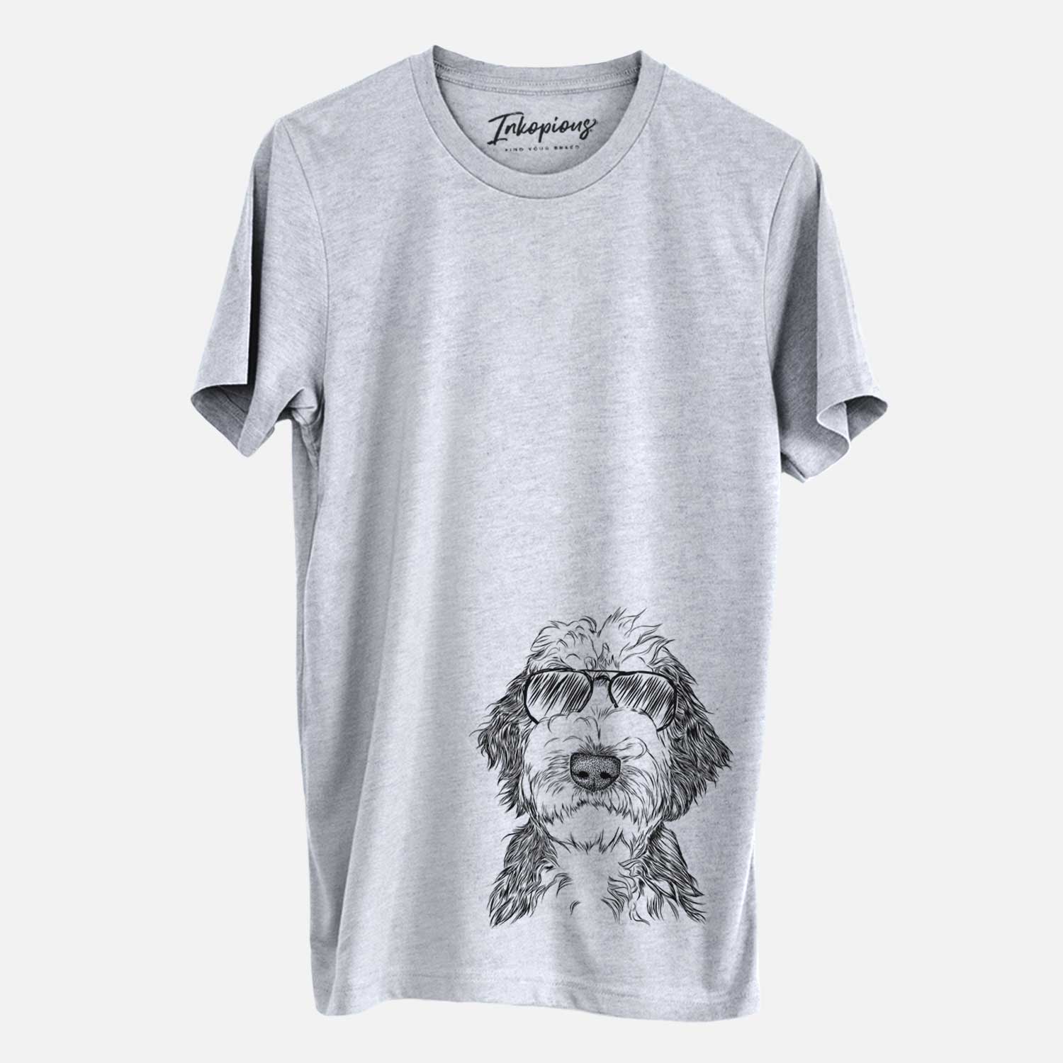 Hand-drawn sketch of Milo Fluff the Sheepadoodle wearing aviator sunglasses on a Grey Unisex crewneck