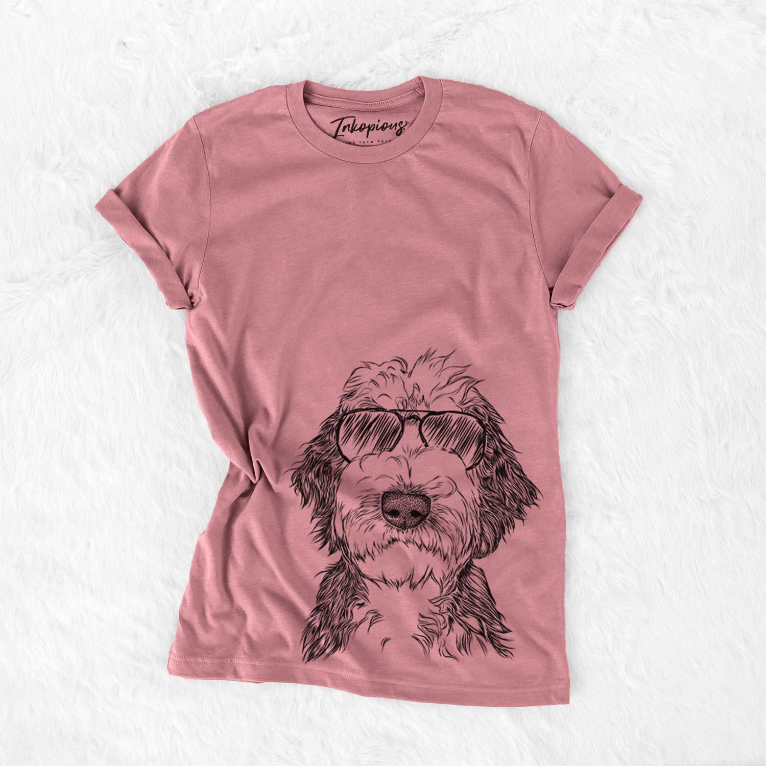 Hand-drawn sketch of Milo Fluff the Sheepadoodle wearing aviator sunglasses on a Mauve Bella Canvas Unisex Crewneck