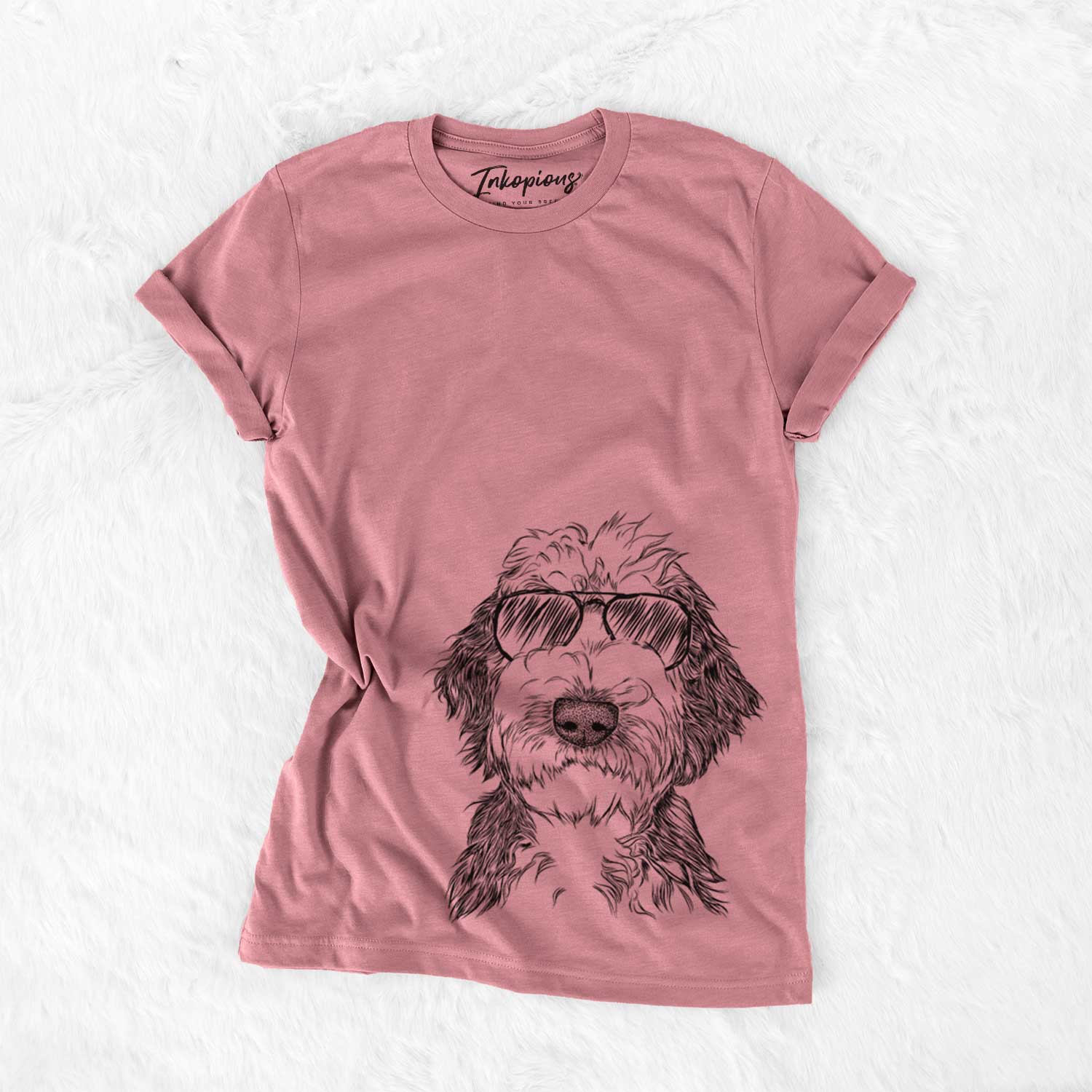 Hand-drawn sketch of Milo Fluff the Sheepadoodle wearing aviator sunglasses on a Mauve Unisex crewneck
