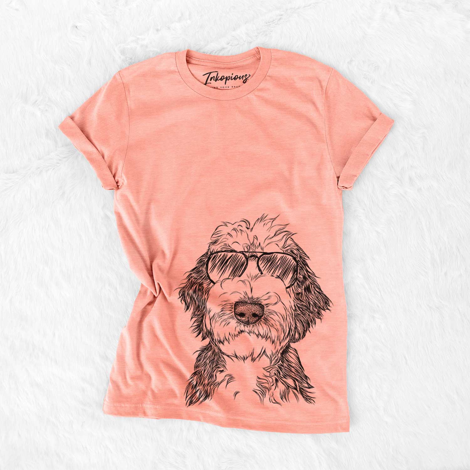 Hand-drawn sketch of Milo Fluff the Sheepadoodle wearing aviator sunglasses on a Sunset Bella Canvas Unisex Crewneck