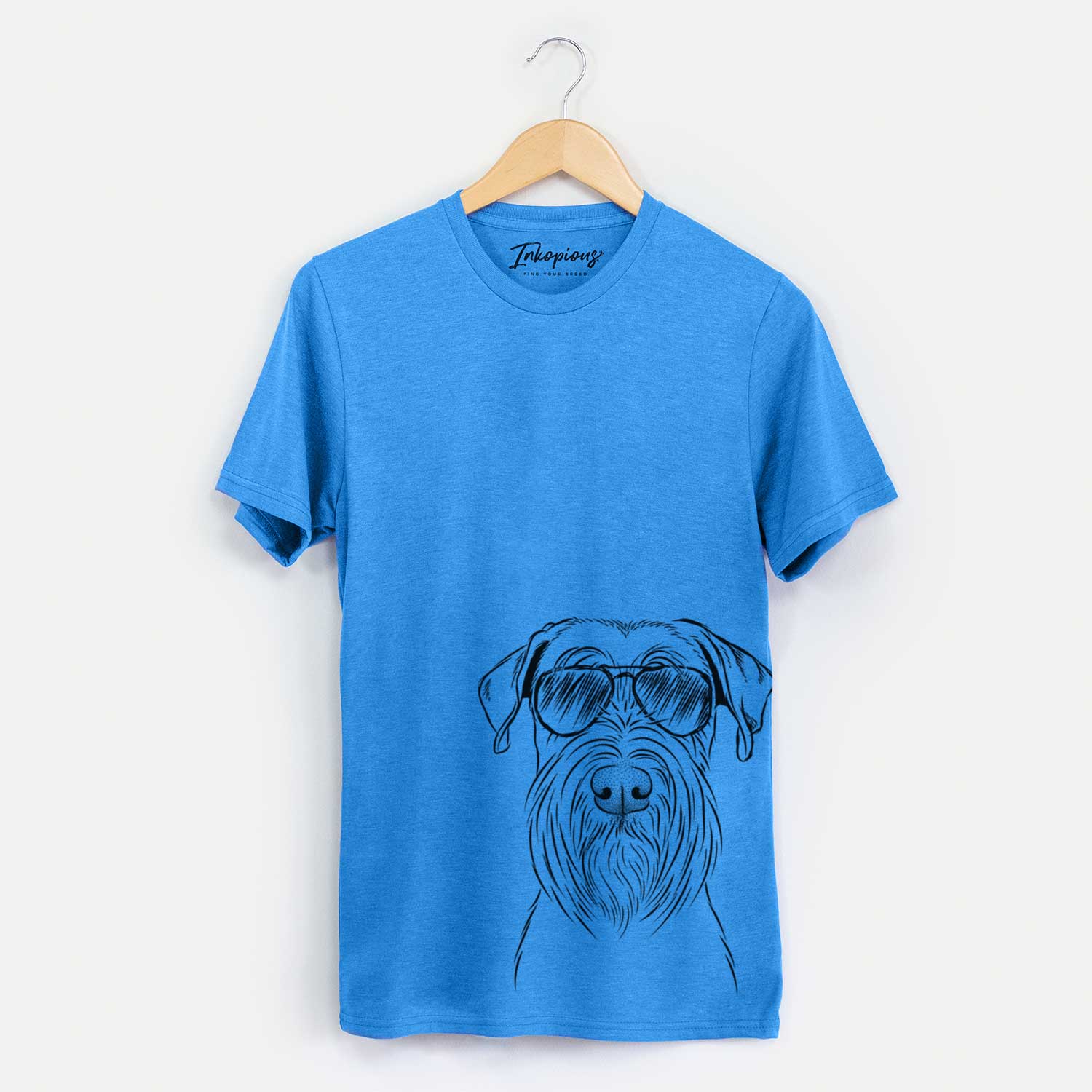 Hand-drawn sketch of Milton the Schnauzer wearing aviator sunglasses on a Blue Unisex crewneck