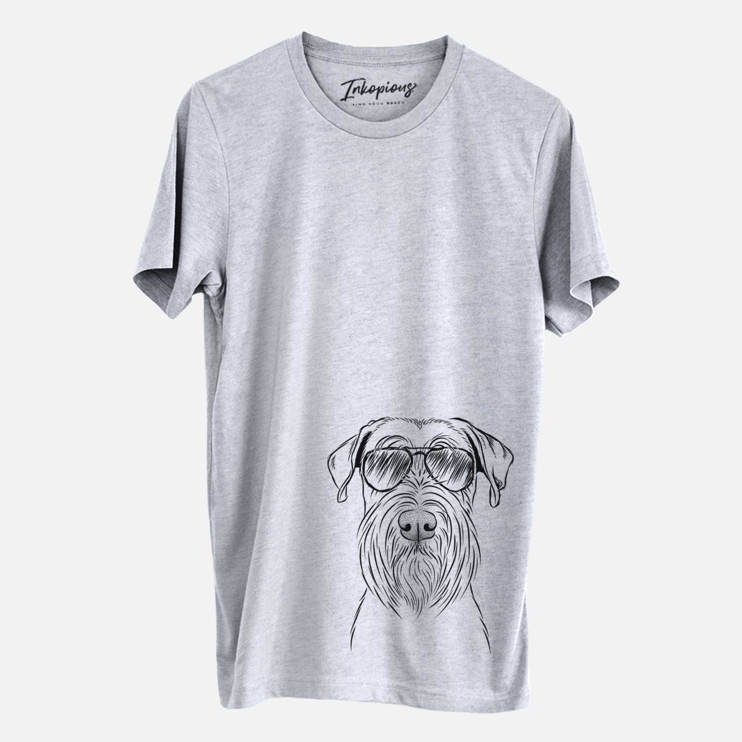 Hand-drawn sketch of Milton the Schnauzer wearing aviator sunglasses on a Grey Unisex crewneck
