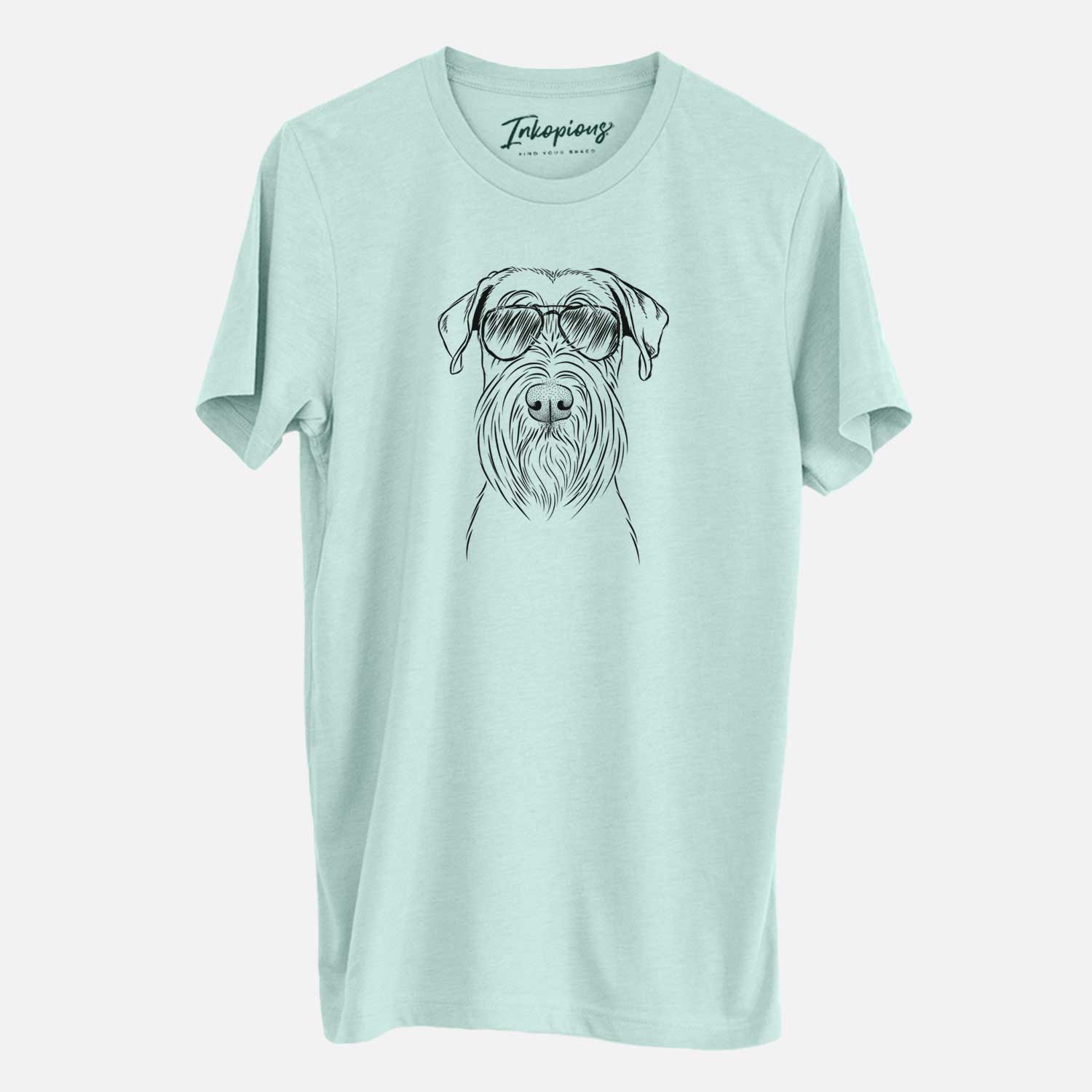Hand-drawn sketch of Milton the Schnauzer wearing aviator sunglasses on a Heather Sage Unisex crewneck