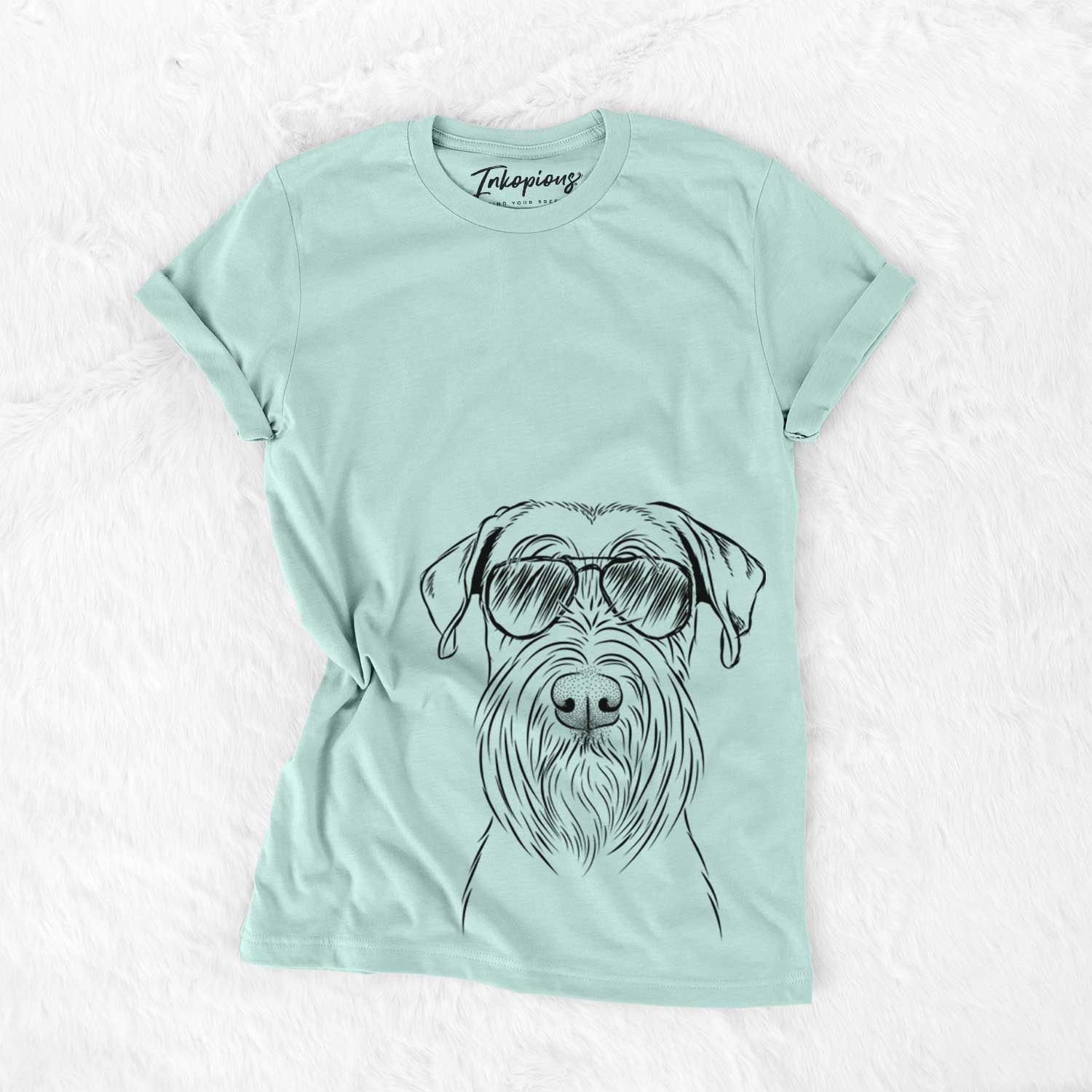 Hand-drawn sketch of Milton the Schnauzer wearing aviator sunglasses on a Heather Sage Unisex crewneck
