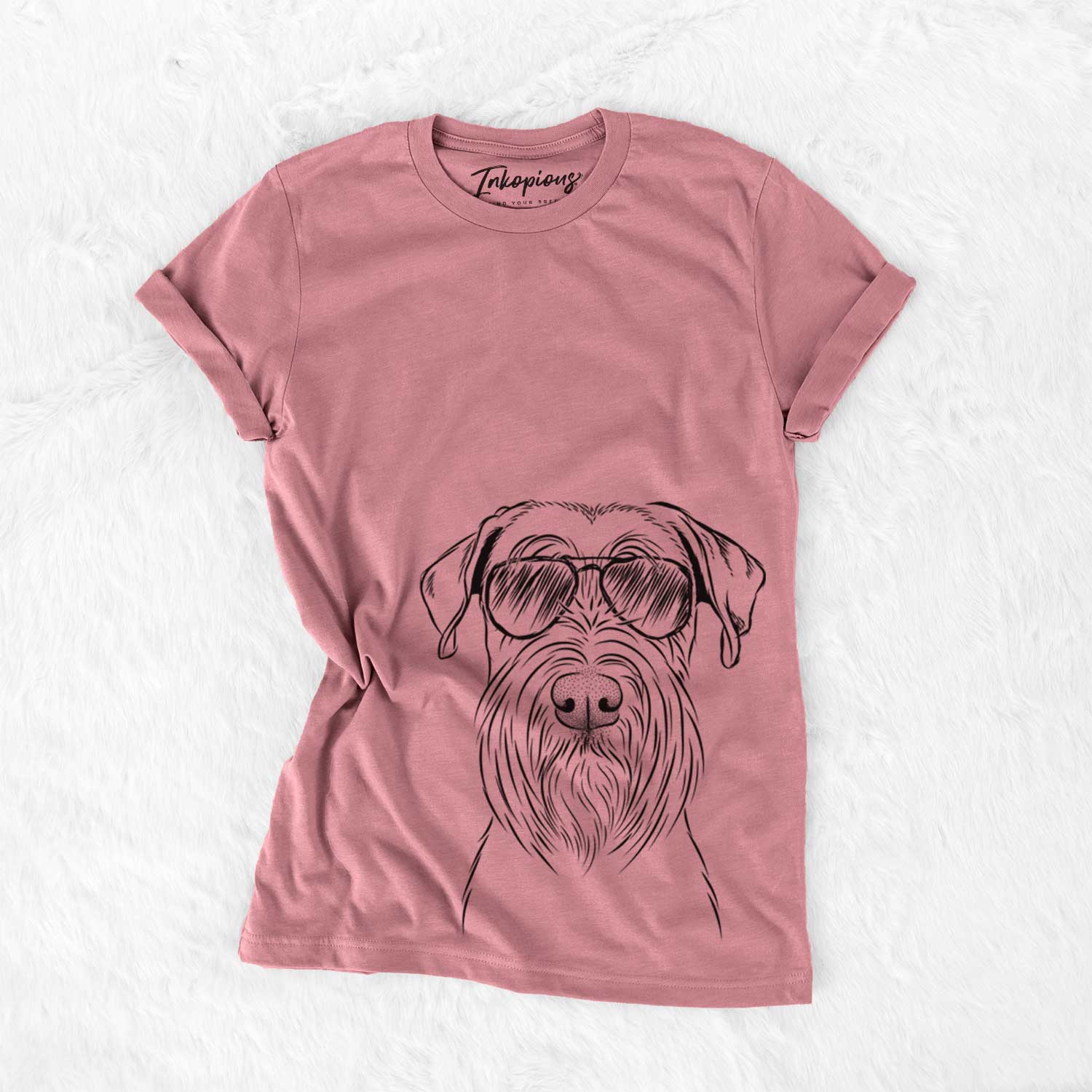 Hand-drawn sketch of Milton the Schnauzer wearing aviator sunglasses on a Mauve Unisex crewneck