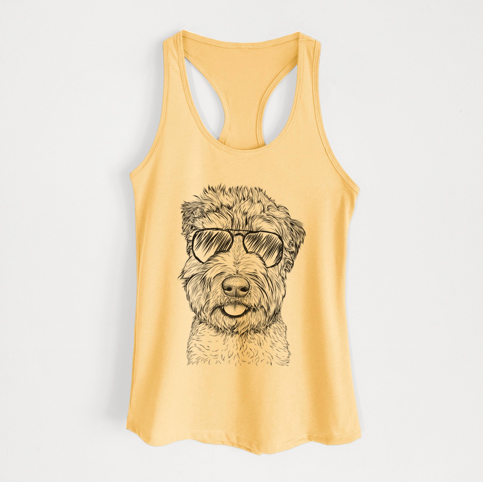Hand-drawn sketch of Milton the Soft Coated Wheaten Terrier wearing aviator sunglasses on a Banana Cream Women's racerback tanktop