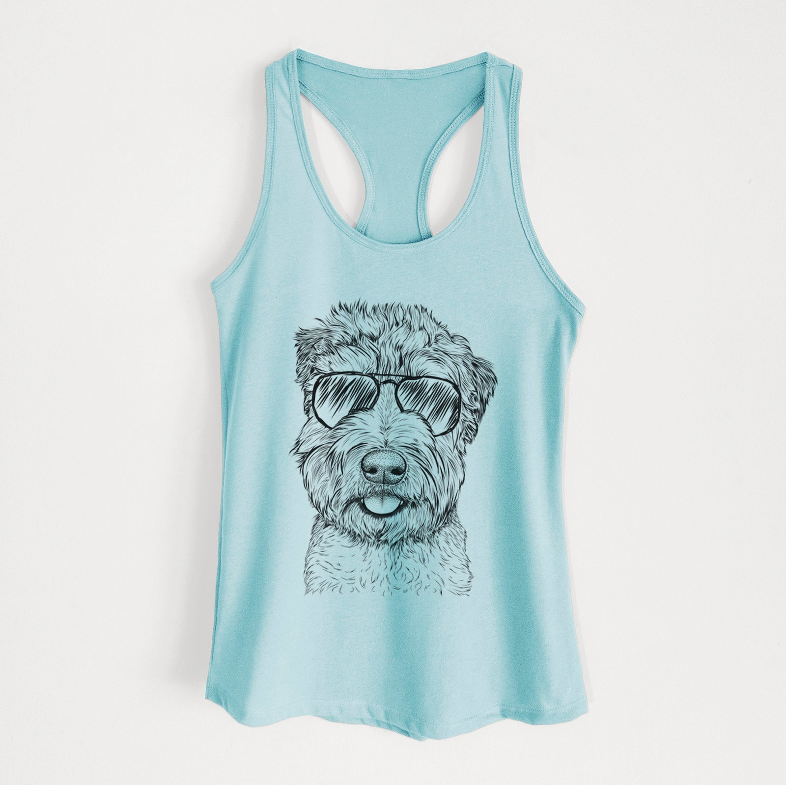 Hand-drawn sketch of Milton the Soft Coated Wheaten Terrier wearing aviator sunglasses on a Cancun Blue Women's racerback tanktop