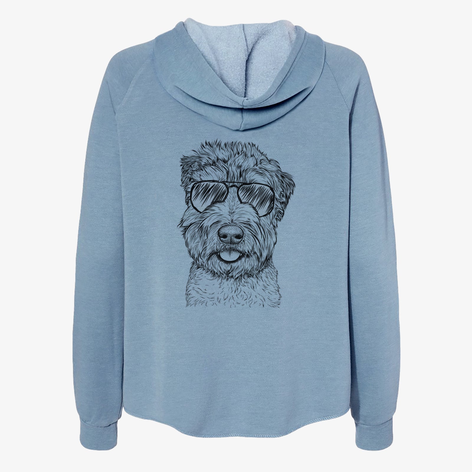 Hand-drawn sketch of Milton the Soft Coated Wheaten Terrier wearing aviator sunglasses on a Misty Blue Women's cali wave zip-up sweatshirt