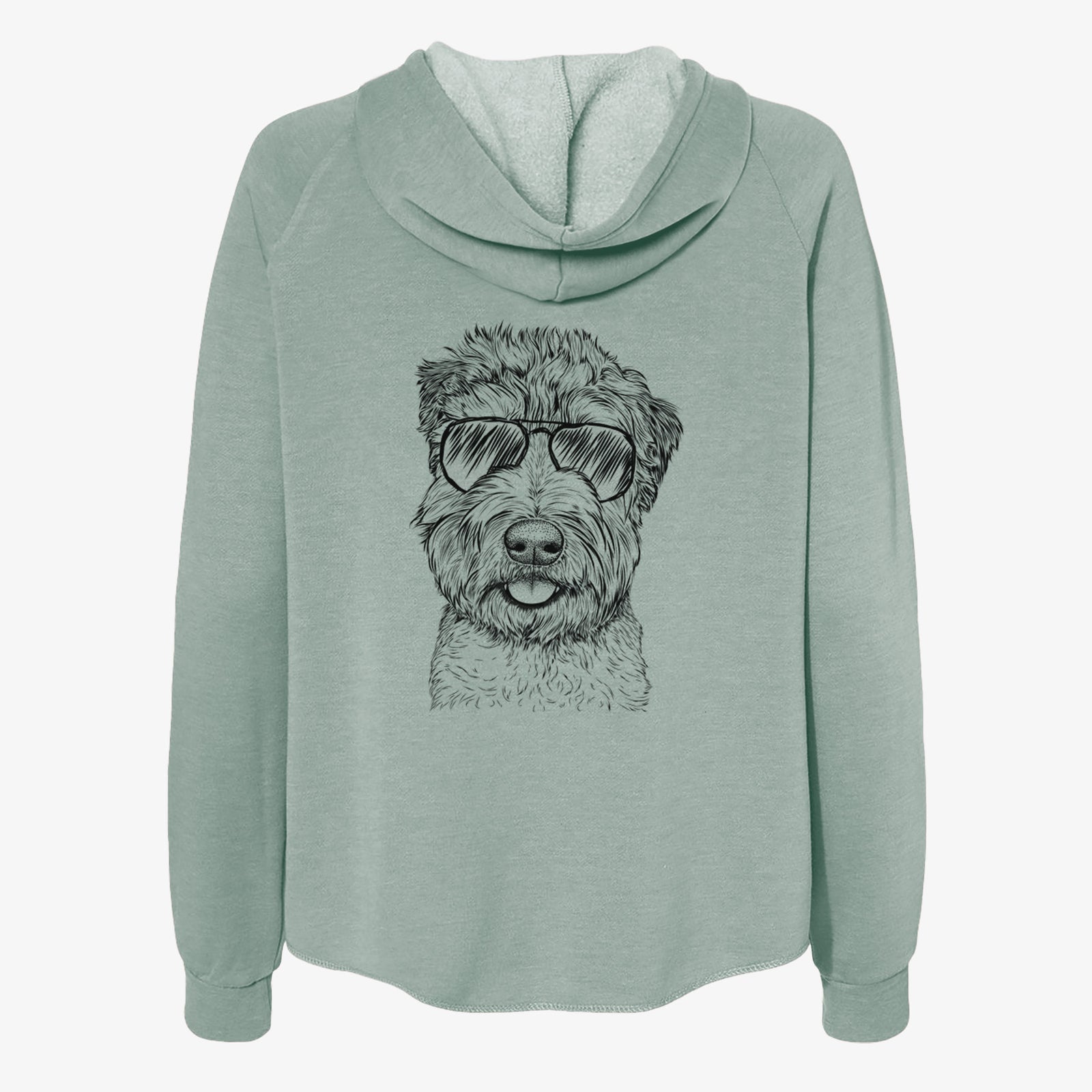 Hand-drawn sketch of Milton the Soft Coated Wheaten Terrier wearing aviator sunglasses on a Sage Women's cali wave zip-up sweatshirt