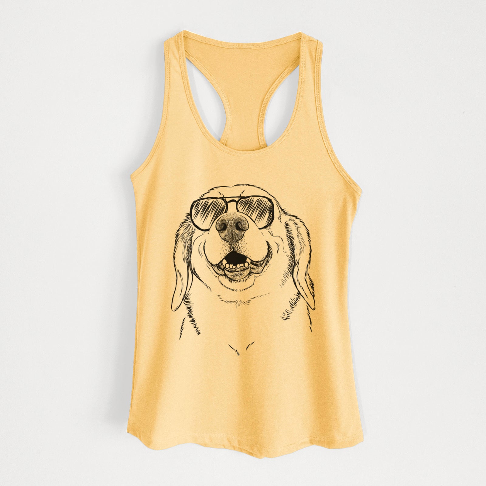 Hand-drawn sketch of Minnie the Corgle wearing aviator sunglasses on a Banana Cream Women's racerback tanktop