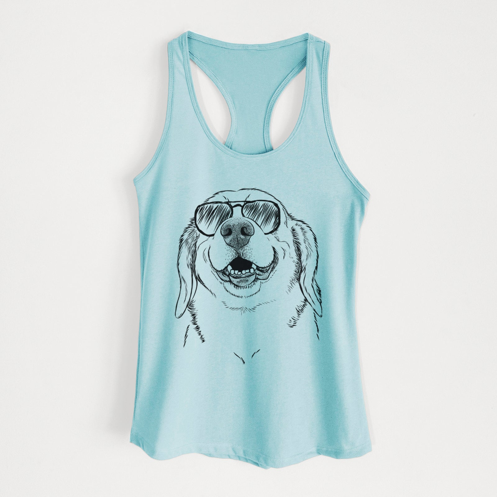 Hand-drawn sketch of Minnie the Corgle wearing aviator sunglasses on a Cancun Blue Women's racerback tanktop