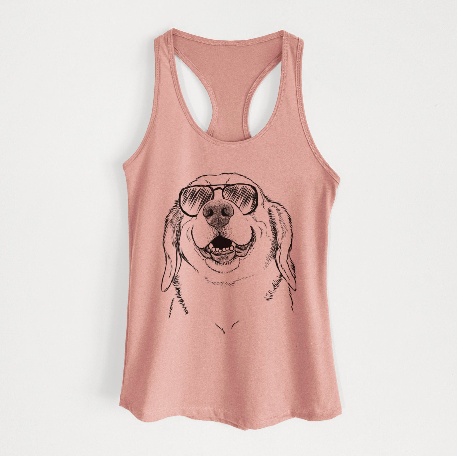 Hand-drawn sketch of Minnie the Corgle wearing aviator sunglasses on a Desert Pink Women's racerback tanktop