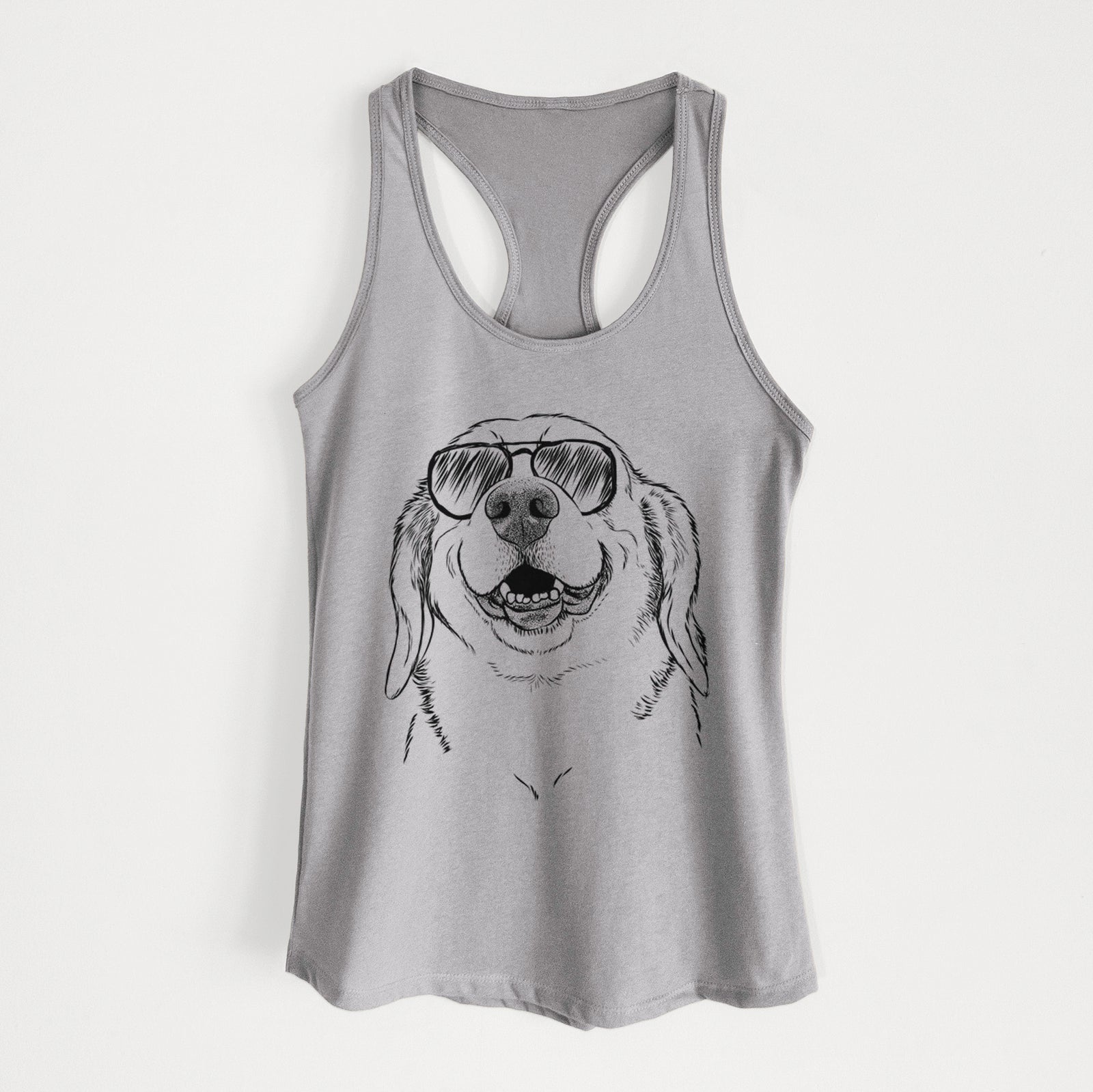 Hand-drawn sketch of Minnie the Corgle wearing aviator sunglasses on a Heather Grey Women's racerback tanktop