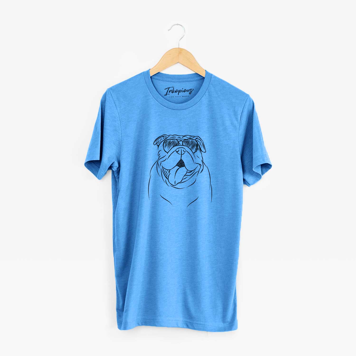 Hand-drawn sketch of Missy Moo the English Bulldog wearing aviator sunglasses on a Blue Unisex crewneck