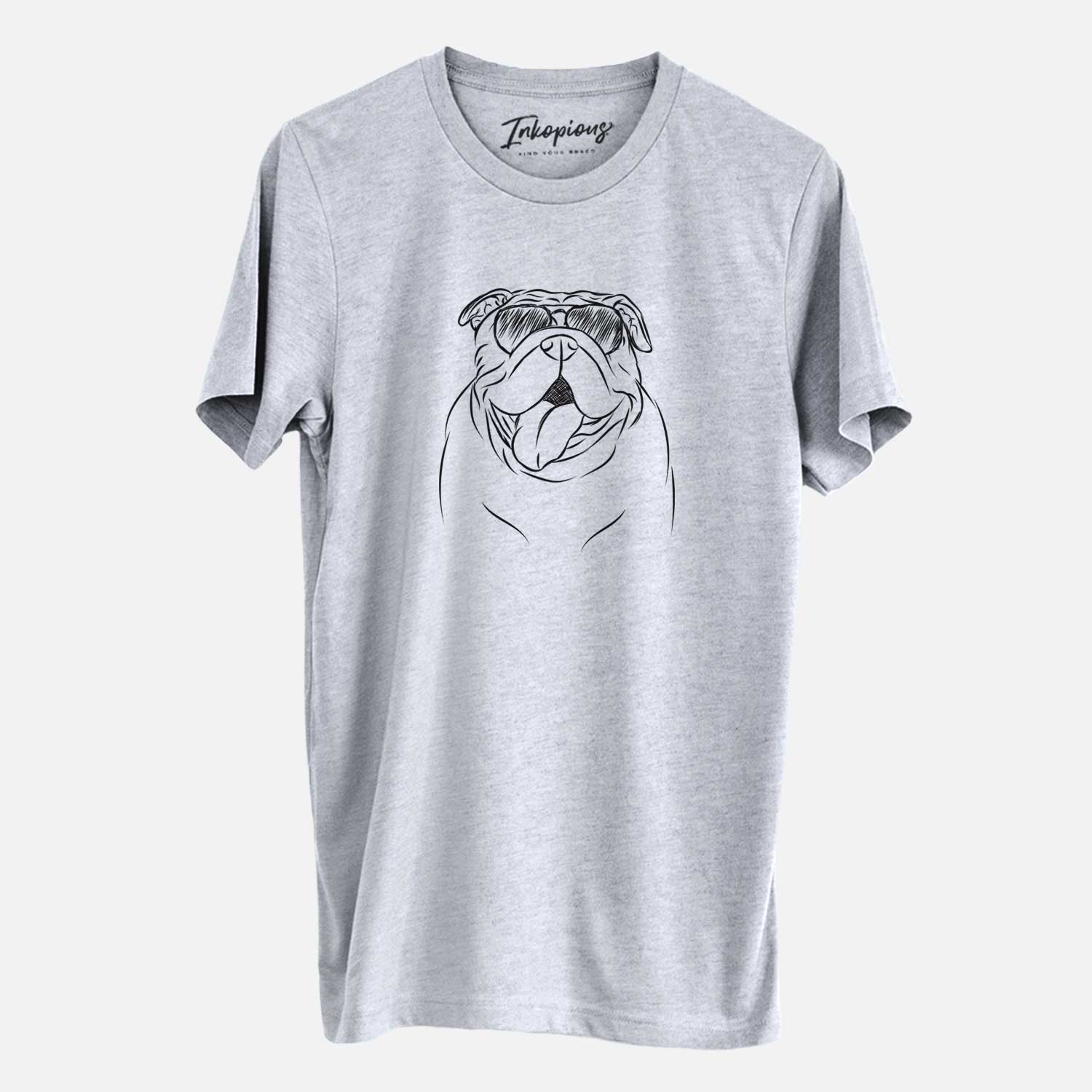 Hand-drawn sketch of Missy Moo the English Bulldog wearing aviator sunglasses on a Grey Unisex crewneck