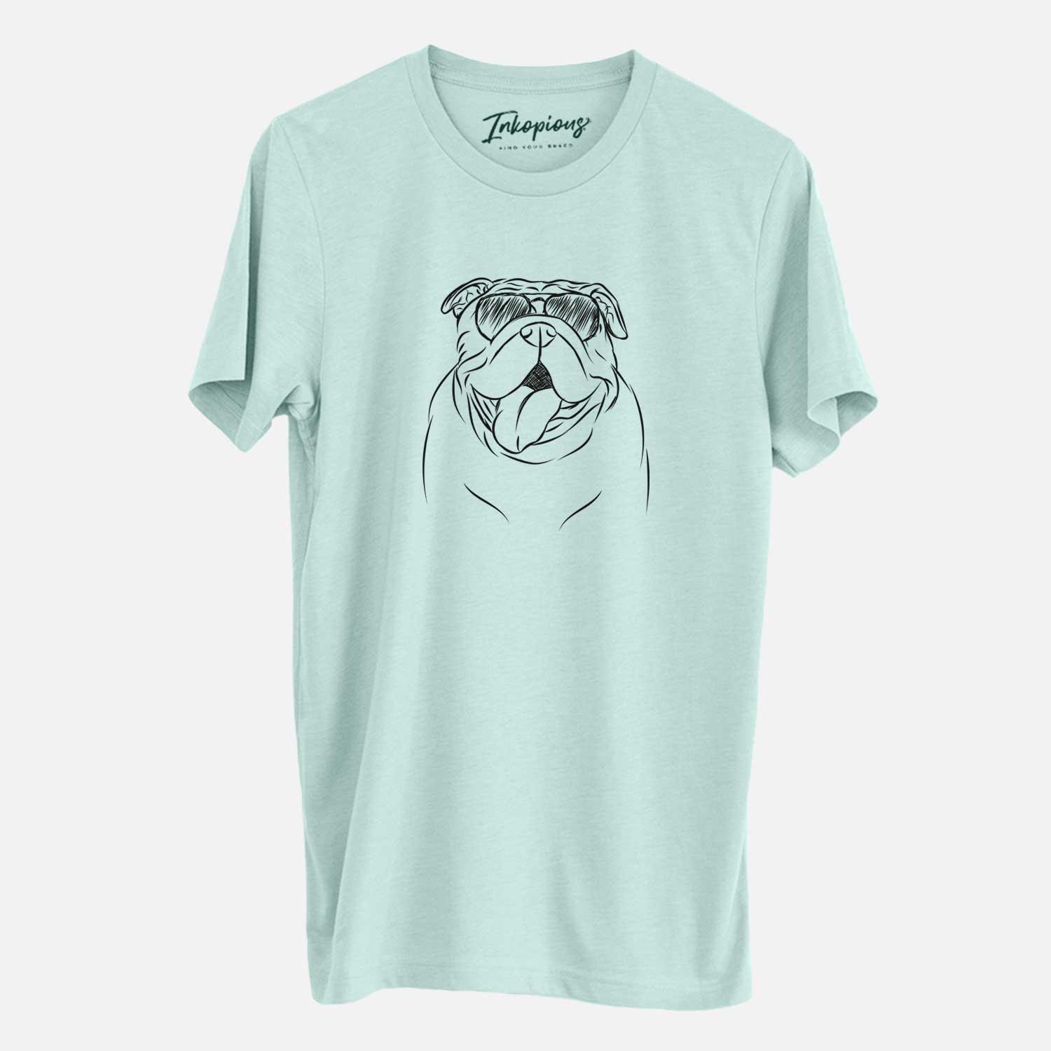 Hand-drawn sketch of Missy Moo the English Bulldog wearing aviator sunglasses on a Heather Sage Unisex crewneck