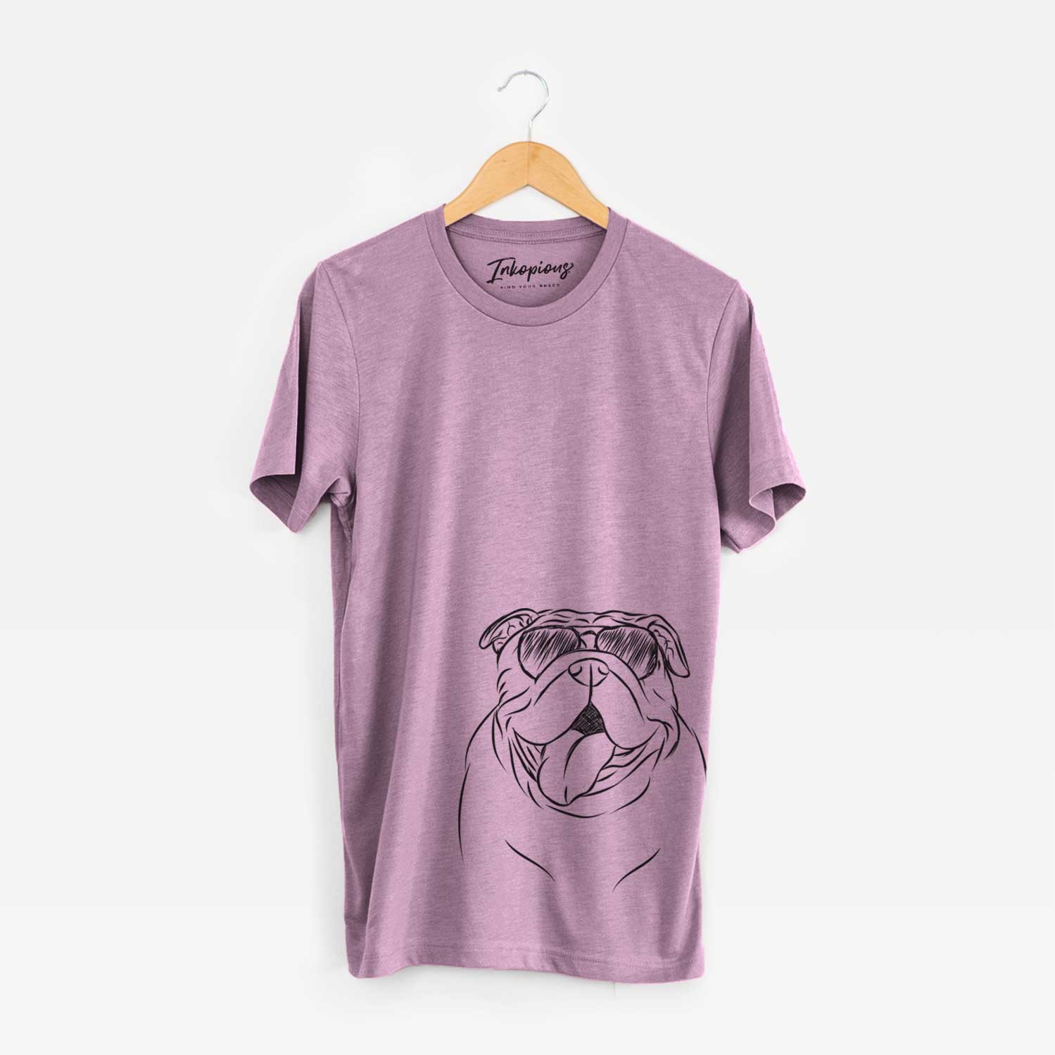 Hand-drawn sketch of Missy Moo the English Bulldog wearing aviator sunglasses on an Orchid Unisex crewneck