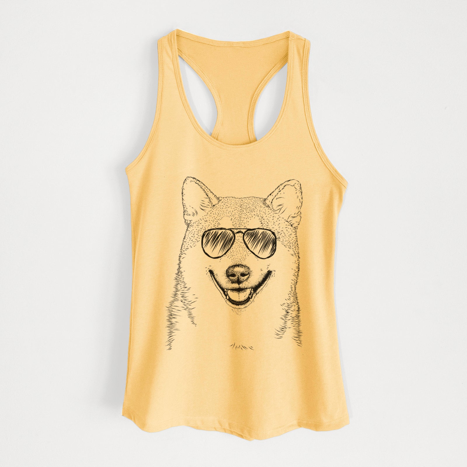 Hand-drawn sketch of Mitsu the Shiba Inu wearing aviator sunglasses on a Banana Cream Women's racerback tanktop