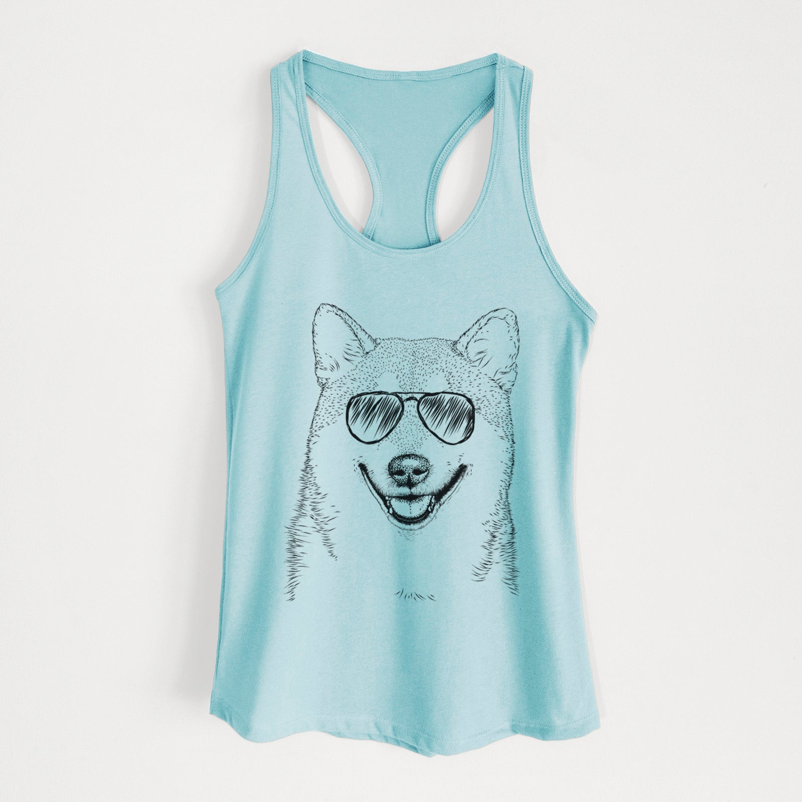 Hand-drawn sketch of Mitsu the Shiba Inu wearing aviator sunglasses on a Cancun Blue Women's racerback tanktop