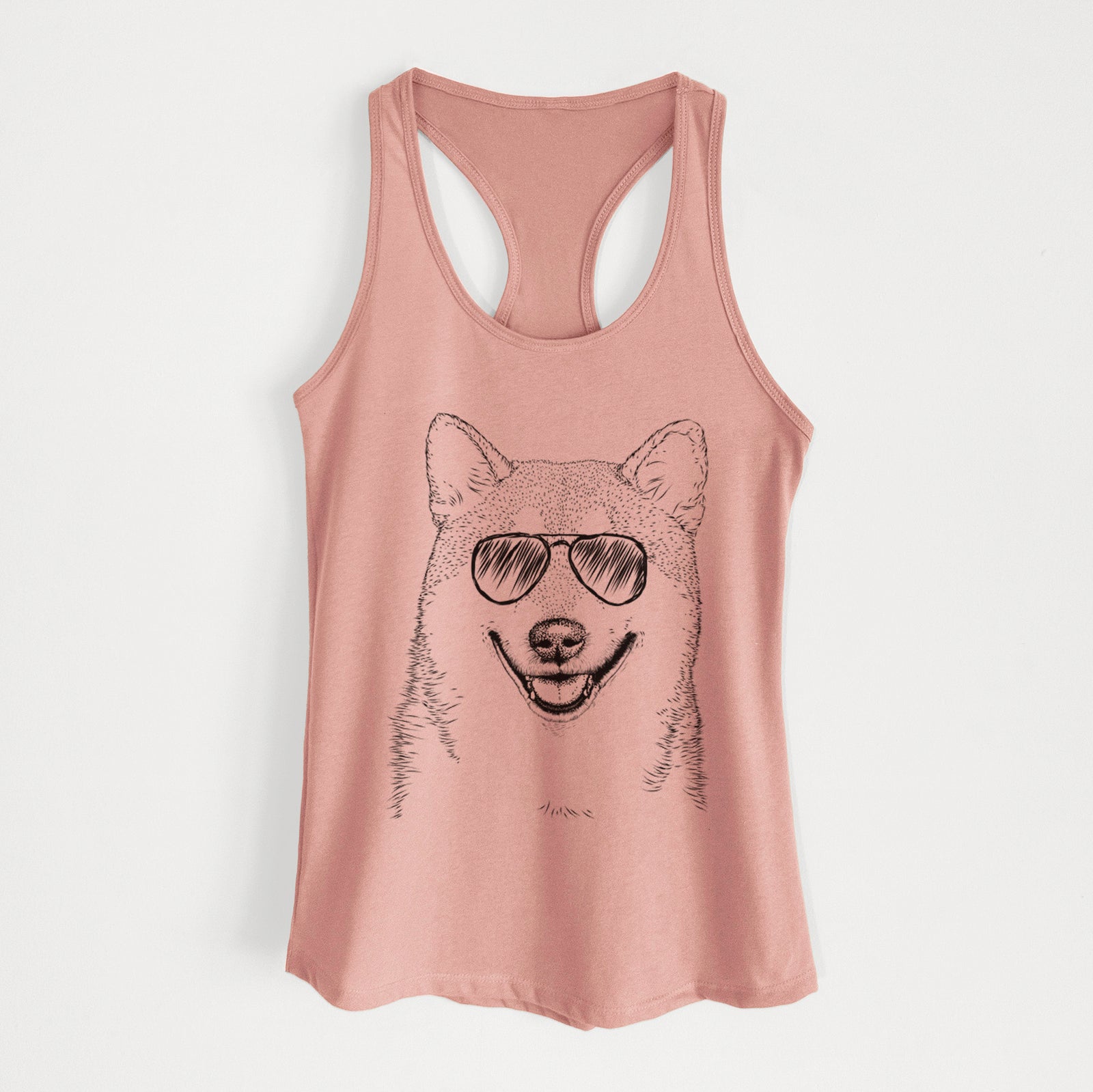 Hand-drawn sketch of Mitsu the Shiba Inu wearing aviator sunglasses on a Desert Pink Women's racerback tanktop