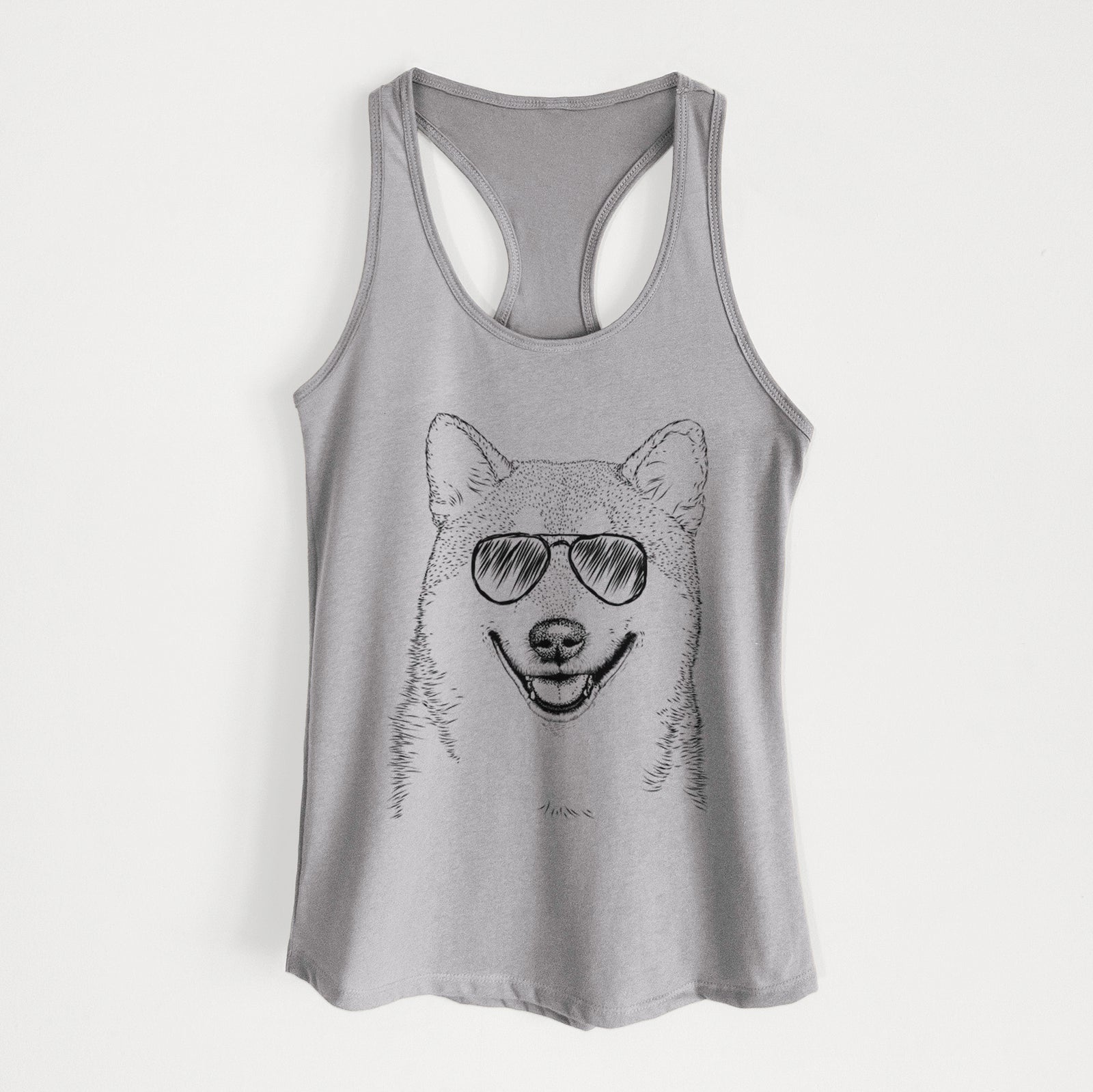 Hand-drawn sketch of Mitsu the Shiba Inu wearing aviator sunglasses on a Heather Grey Women's racerback tanktop