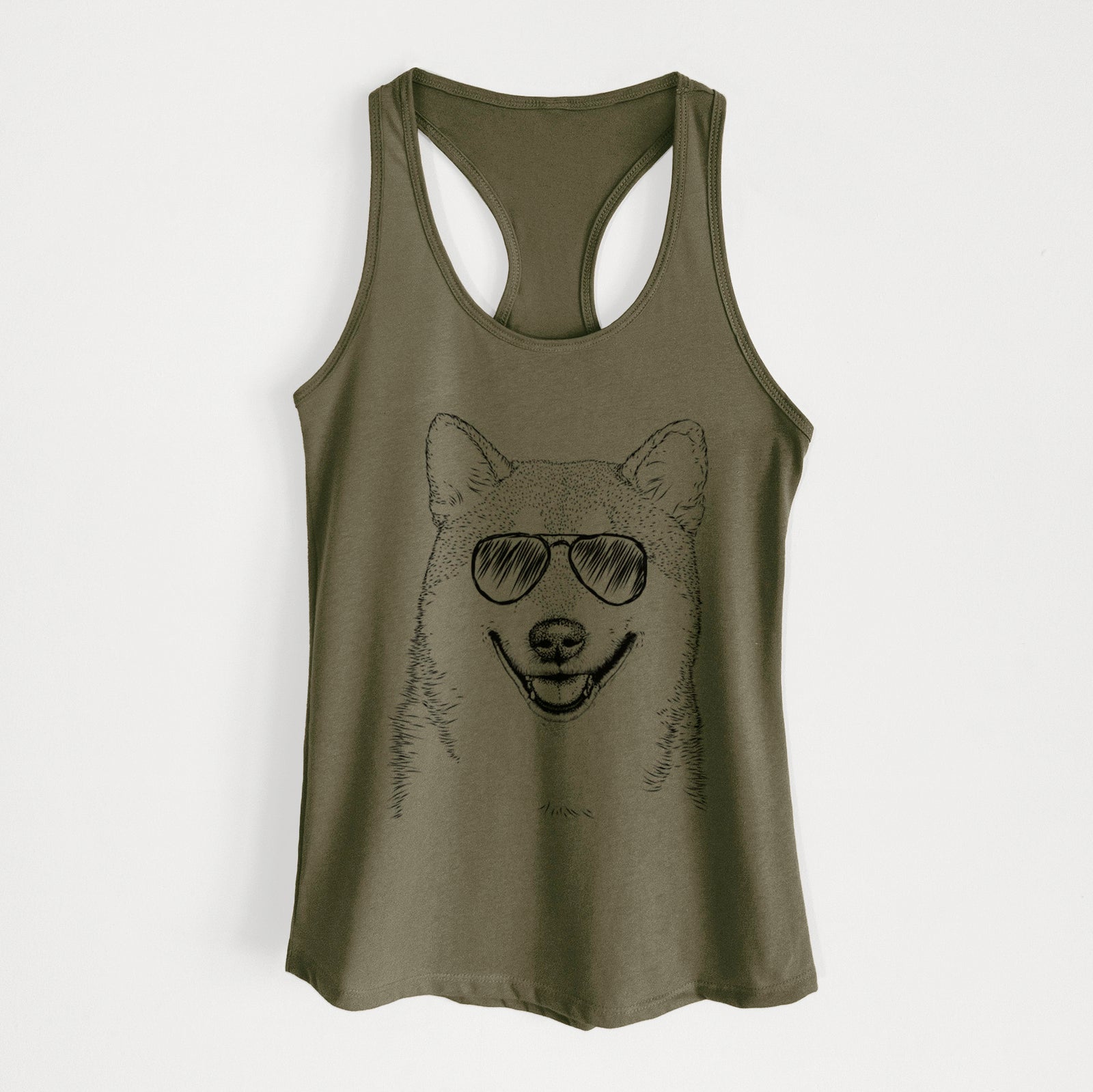 Hand-drawn sketch of Mitsu the Shiba Inu wearing aviator sunglasses on a Military Green Women's racerback tanktop