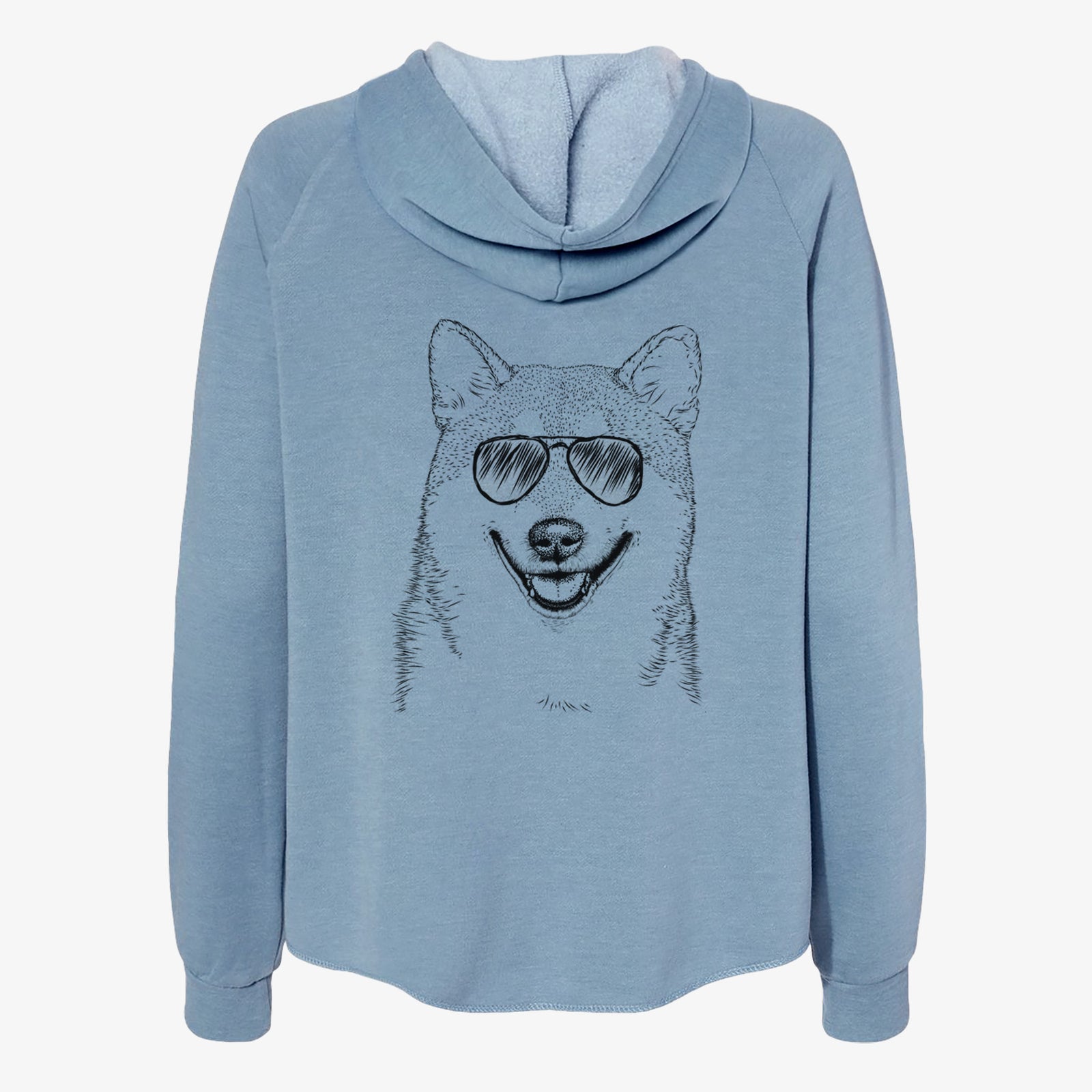 Hand-drawn sketch of Mitsu the Shiba Inu wearing aviator sunglasses on a Misty Blue Women's cali wave zip-up sweatshirt