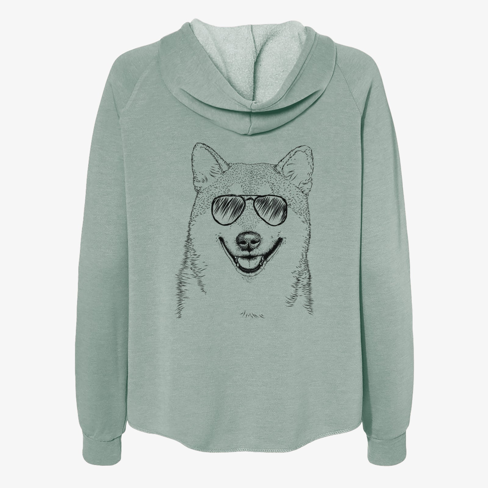 Hand-drawn sketch of Mitsu the Shiba Inu wearing aviator sunglasses on a Sage Women's cali wave zip-up sweatshirt