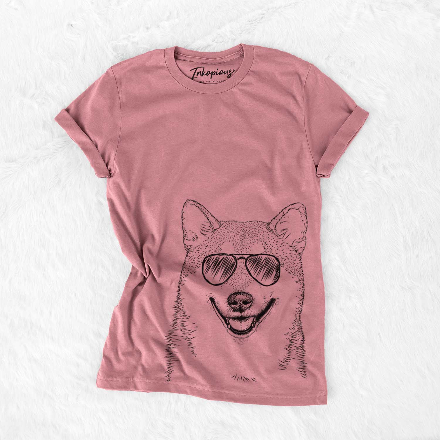Hand-drawn sketch of Mitsu the Shiba Inu wearing aviator sunglasses on a Mauve Bella Canvas Unisex Crewneck