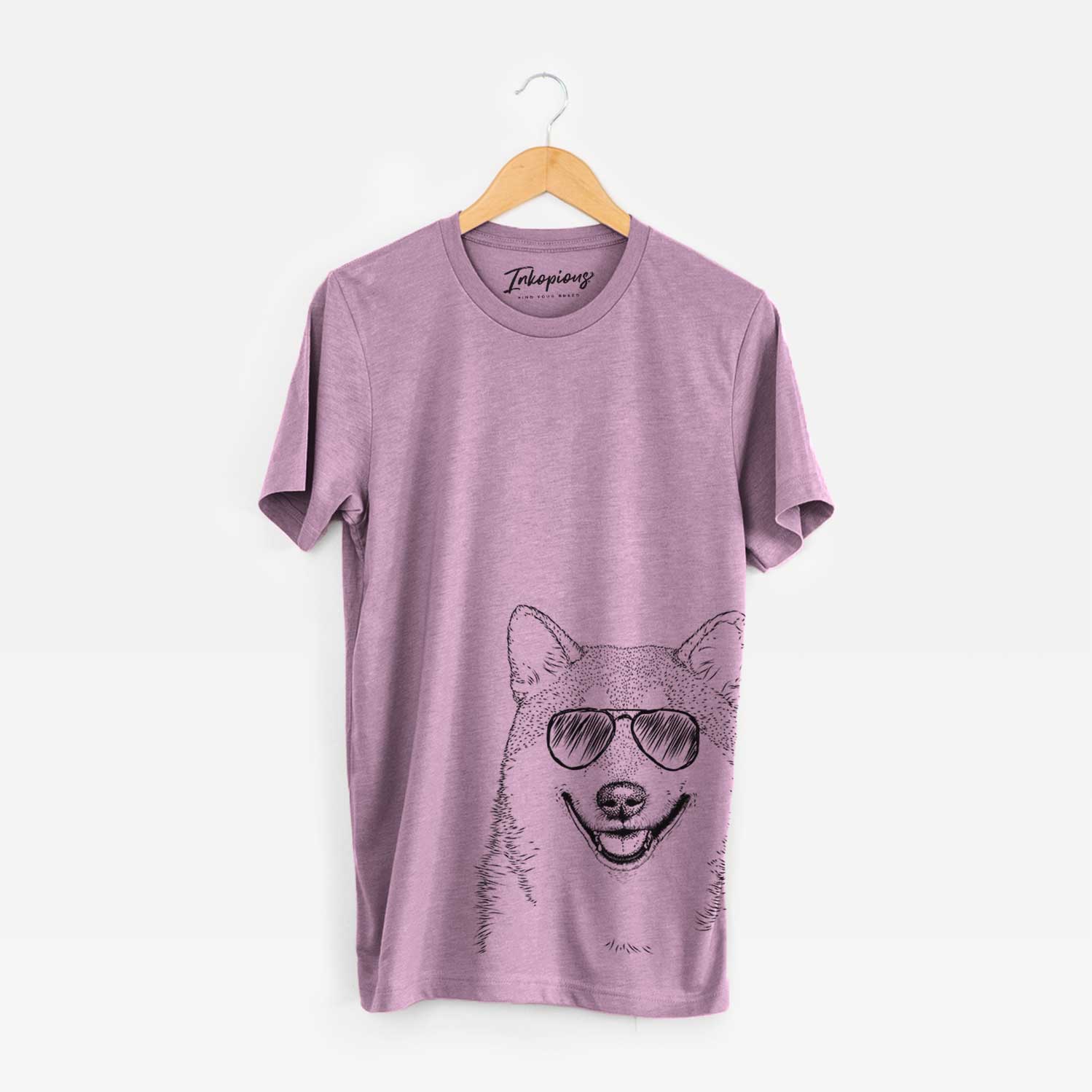 Hand-drawn sketch of Mitsu the Shiba Inu wearing aviator sunglasses on an Orchid Bella Canvas Unisex Crewneck