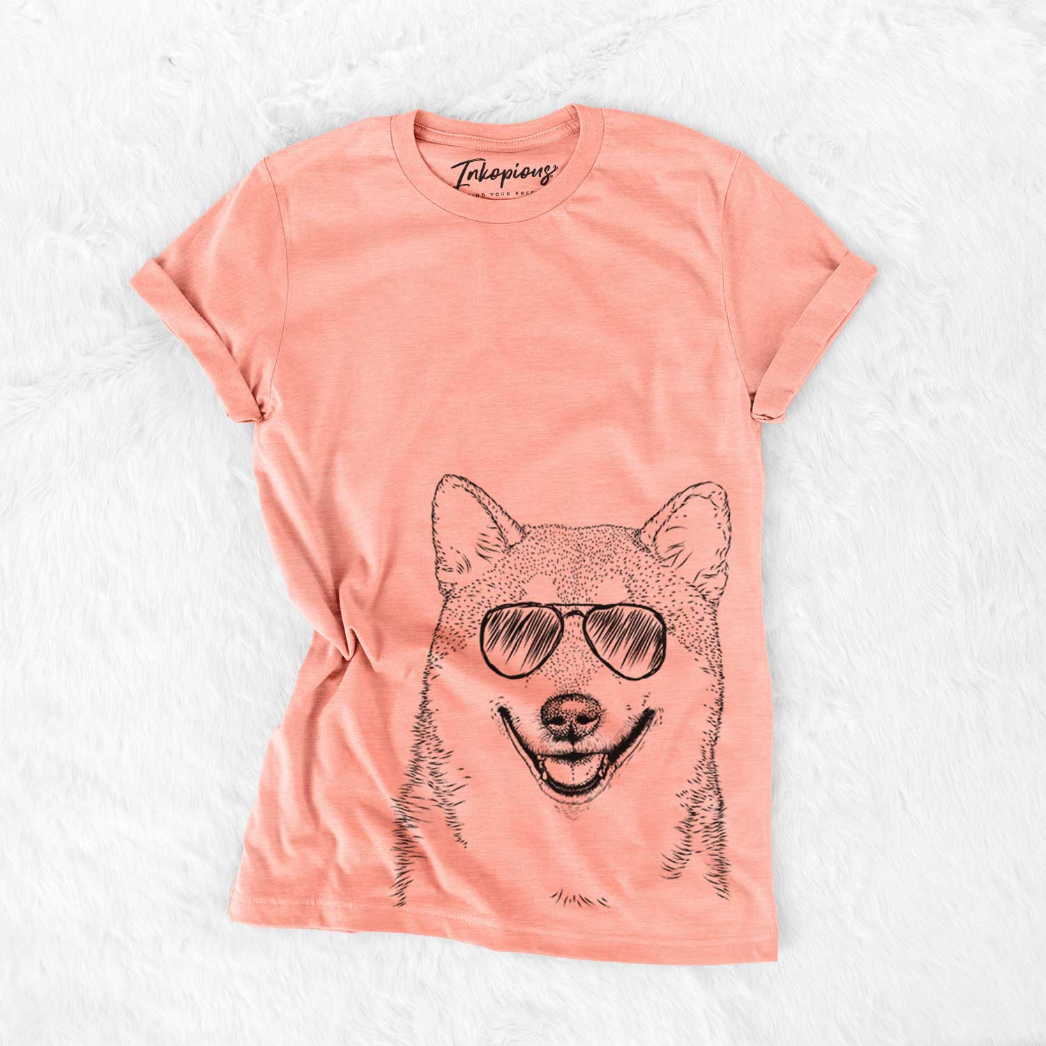 Hand-drawn sketch of Mitsu the Shiba Inu wearing aviator sunglasses on a Sunset Bella Canvas Unisex Crewneck