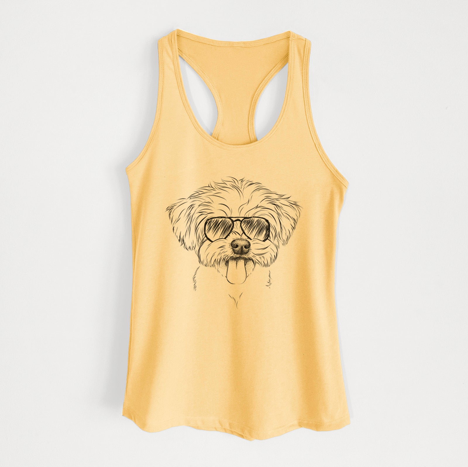 Hand-drawn sketch of Mochi the Maltese wearing aviator sunglasses on a Banana Cream Women's racerback tanktop