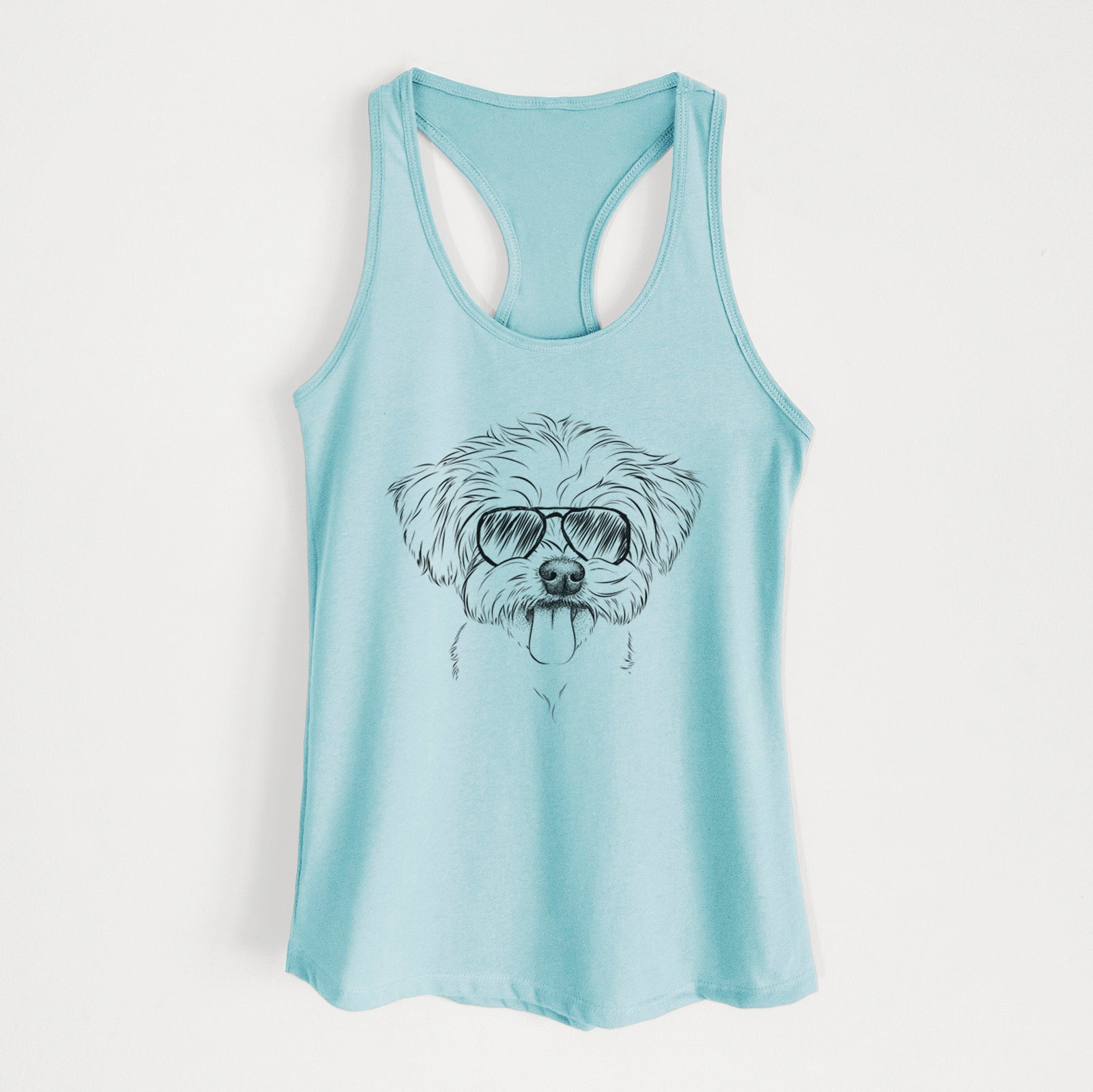 Hand-drawn sketch of Mochi the Maltese wearing aviator sunglasses on a Cancun Blue Women's racerback tanktop