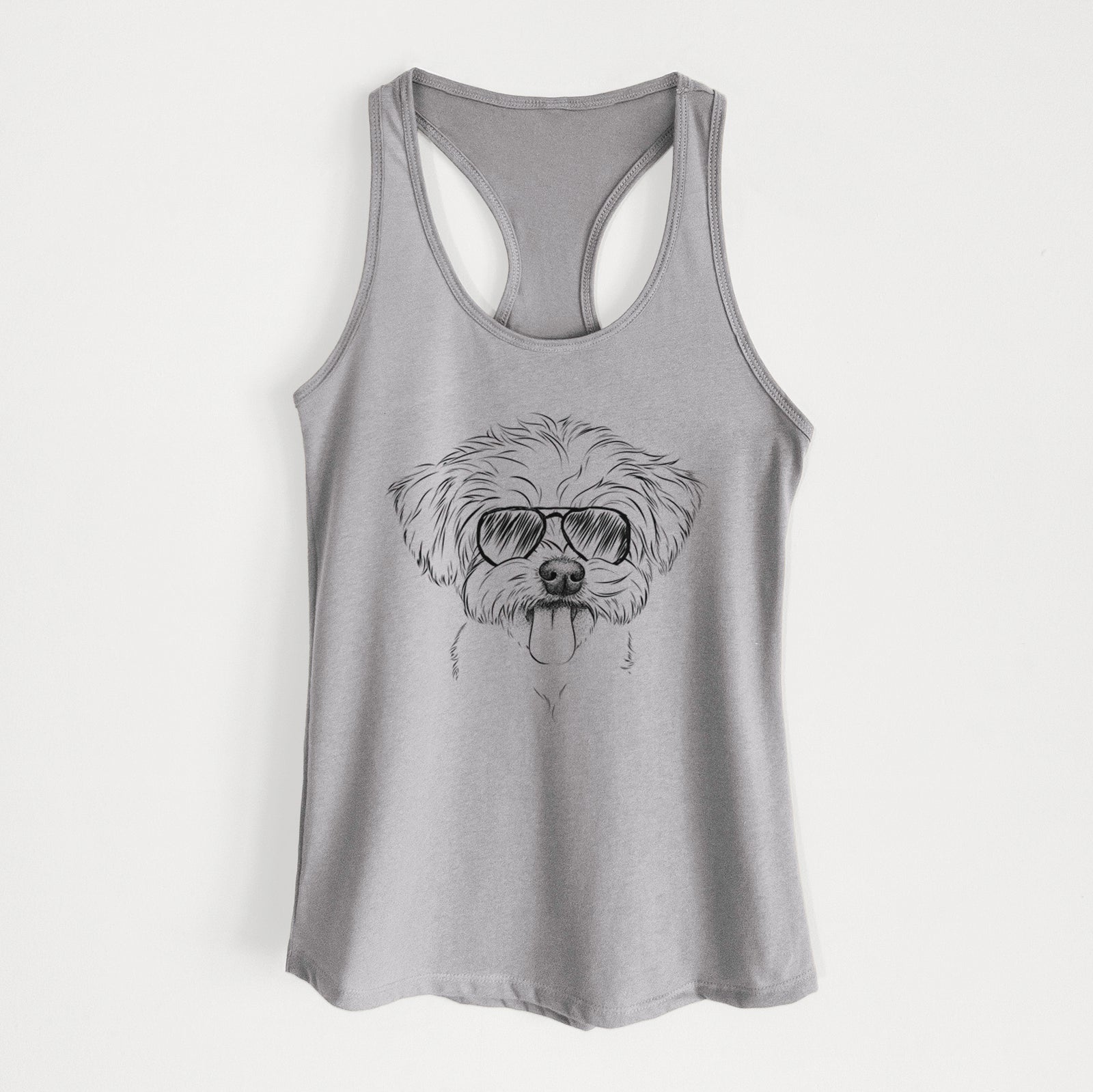 Hand-drawn sketch of Mochi the Maltese wearing aviator sunglasses on a Heather Grey Women's racerback tanktop