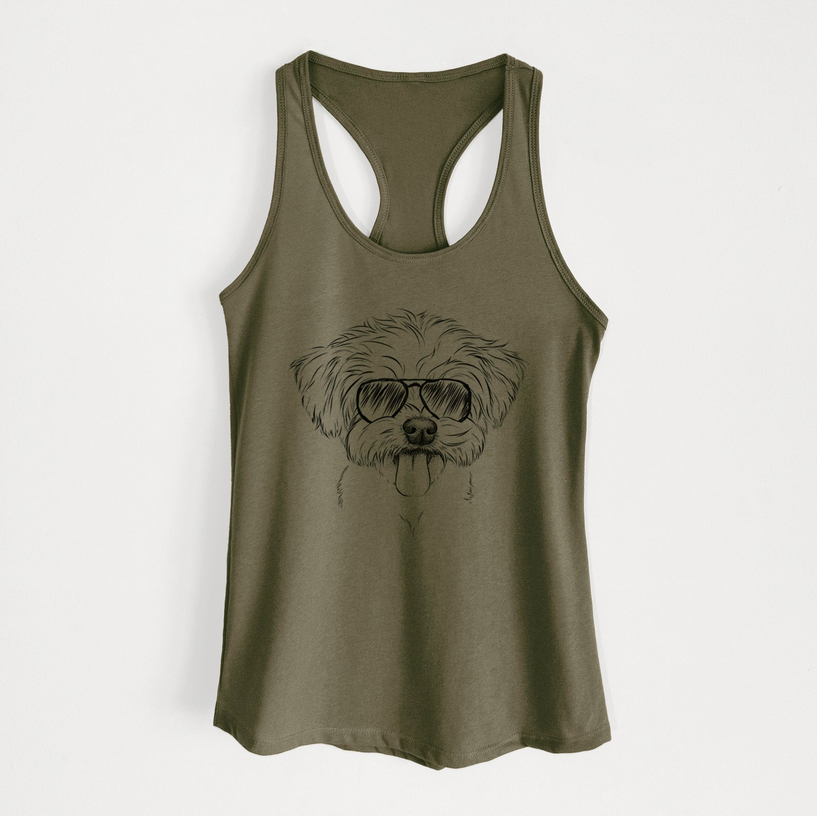 Hand-drawn sketch of Mochi the Maltese wearing aviator sunglasses on a Military Green Women's racerback tanktop