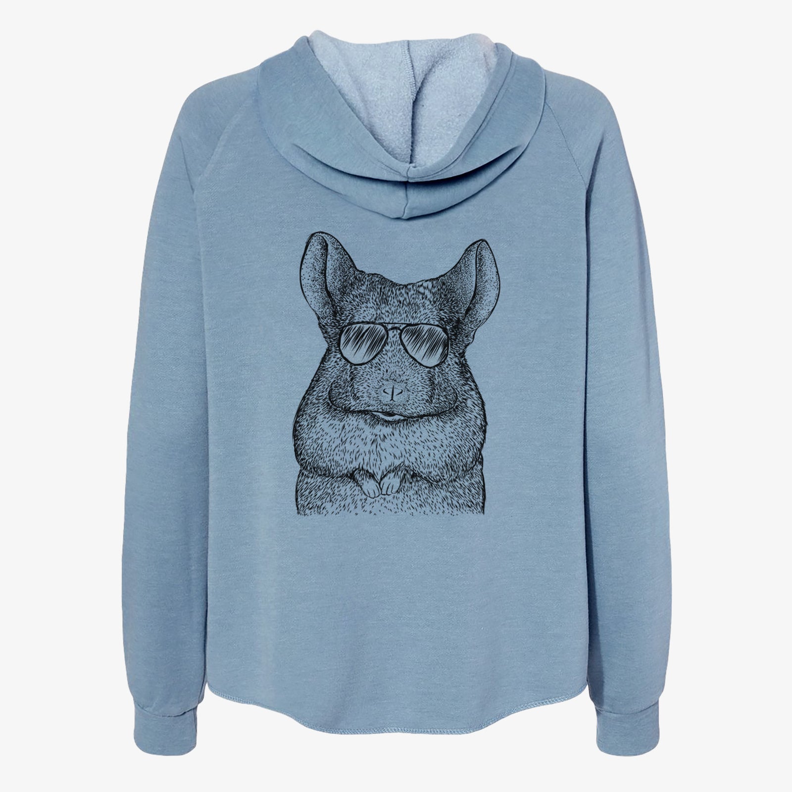 Hand-drawn sketch of Mojo the Chinchilla wearing aviator sunglasses on a Misty Blue Women's cali wave zip-up sweatshirt