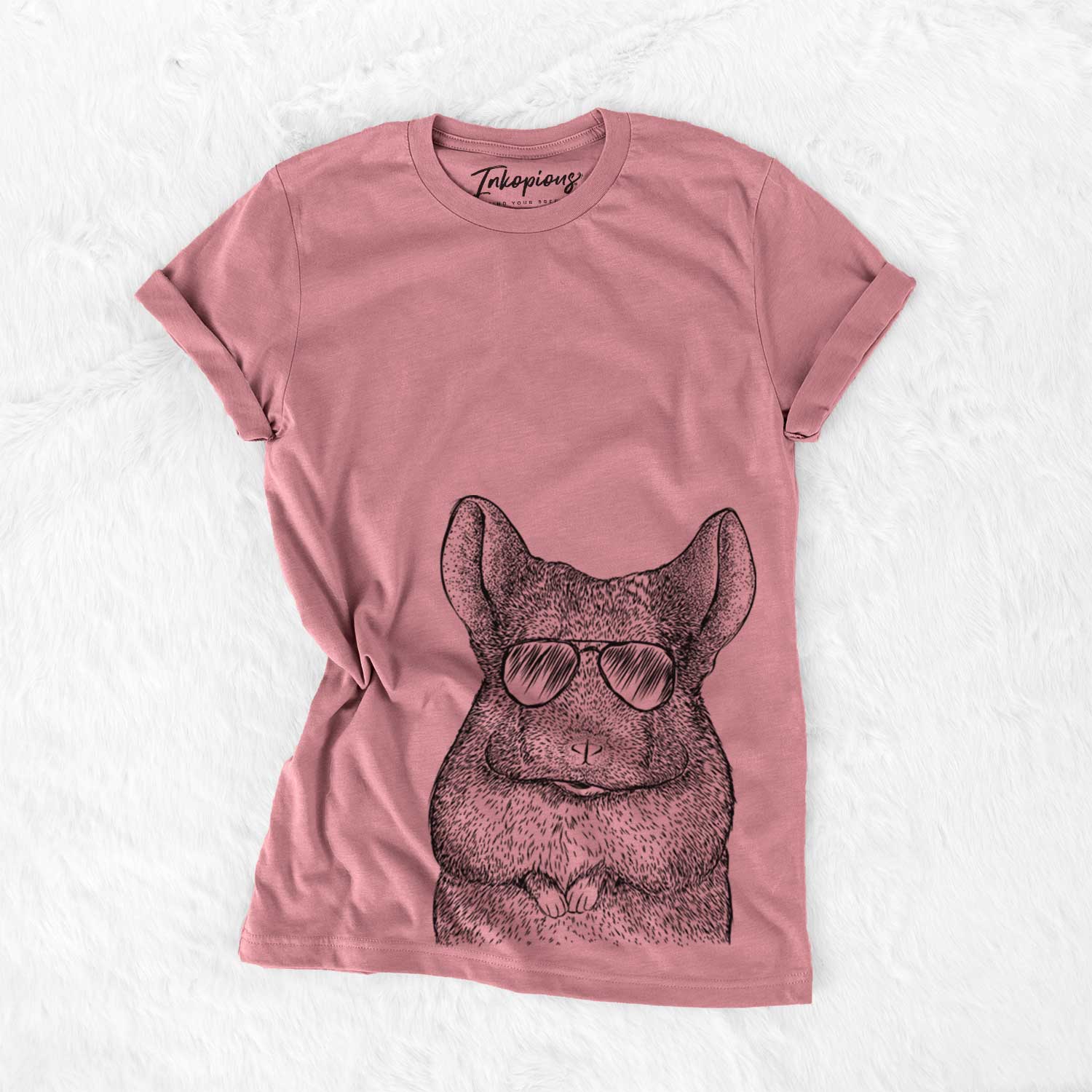 Hand-drawn sketch of Mojo the Chinchilla wearing aviator sunglasses on a Mauve Bella Canvas Unisex Crewneck
