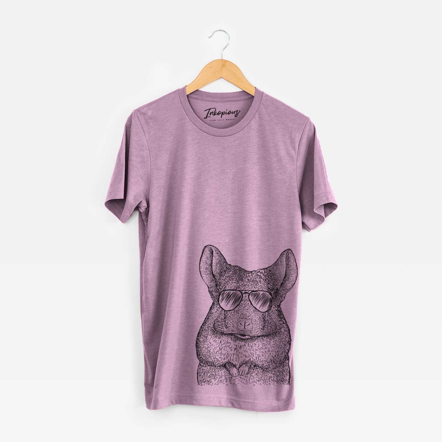 Hand-drawn sketch of Mojo the Chinchilla wearing aviator sunglasses on an Orchid Bella Canvas Unisex Crewneck