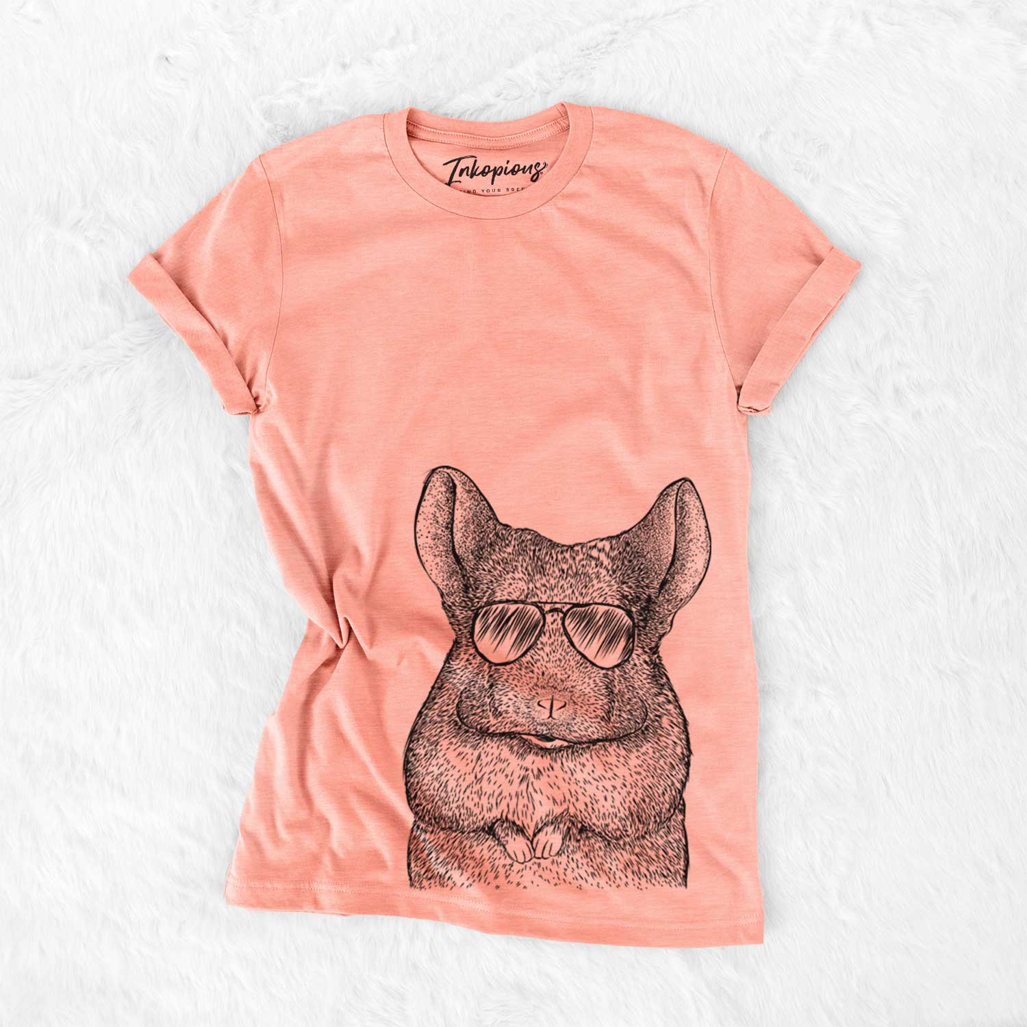 Hand-drawn sketch of Mojo the Chinchilla wearing aviator sunglasses on a Sunset Bella Canvas Unisex Crewneck