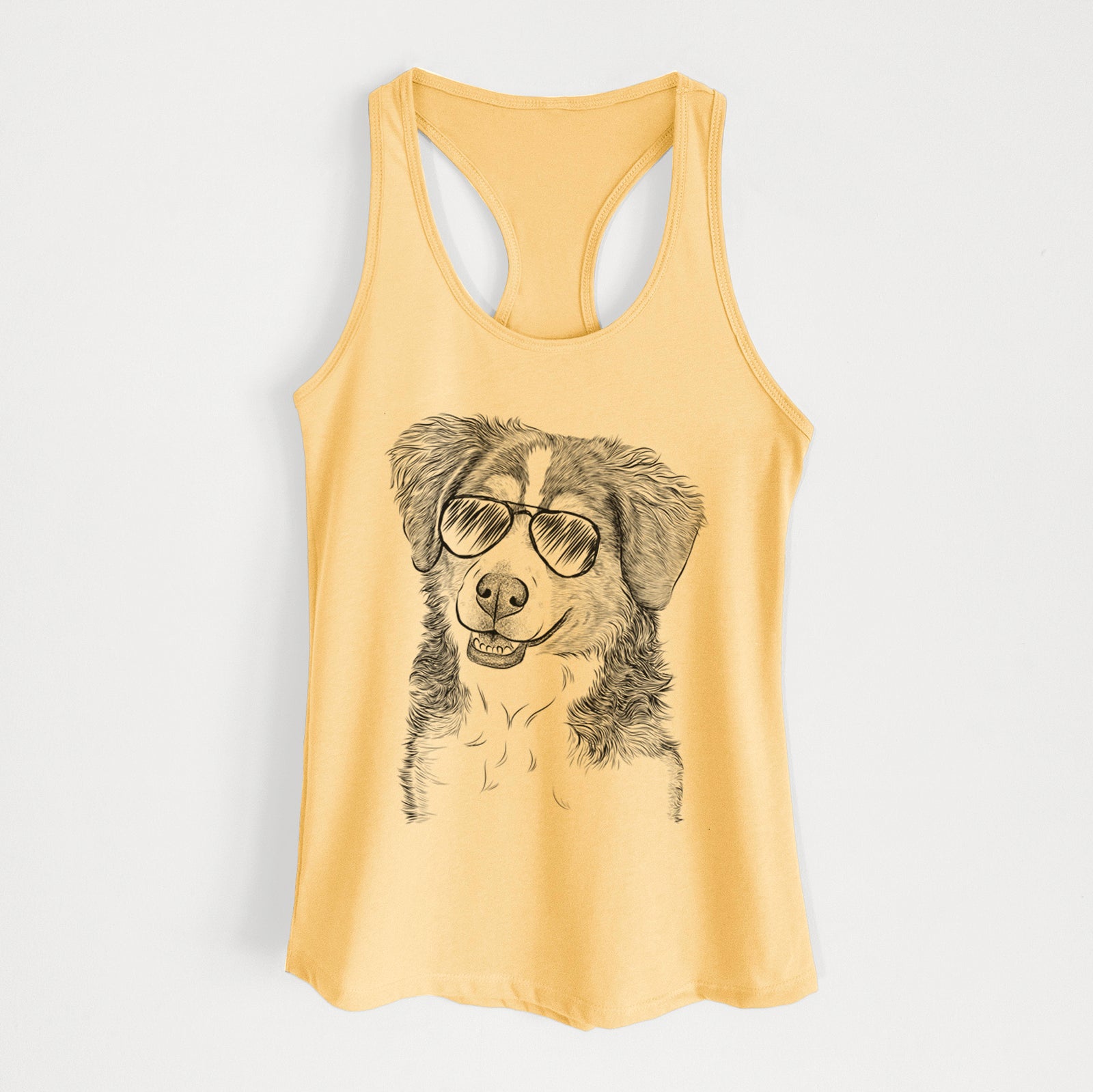 Hand-drawn sketch of Molly the Miniature Bernedoodle wearing aviator sunglasses on a Banana Cream Women's racerback tanktop