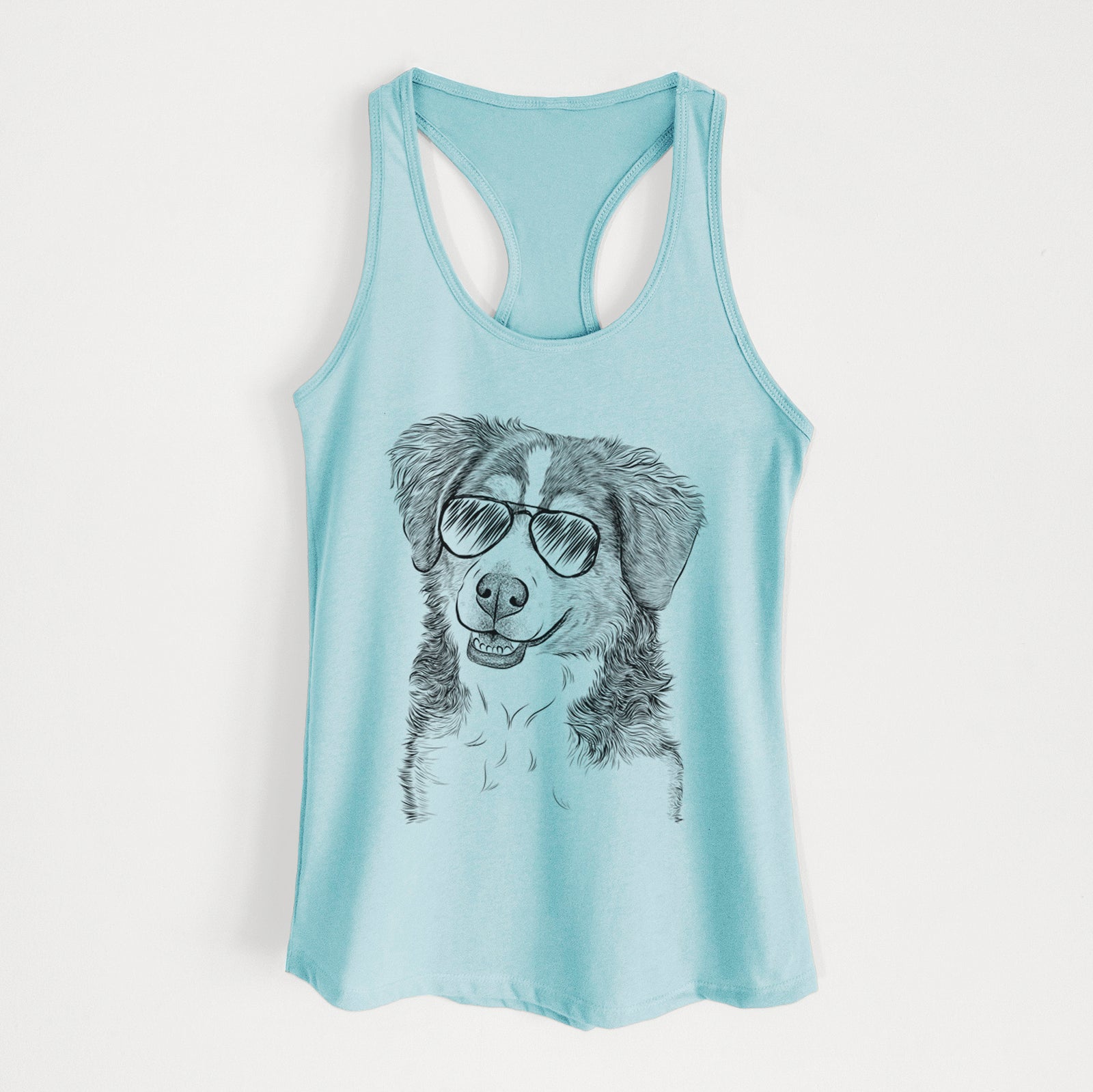 Hand-drawn sketch of Molly the Miniature Bernedoodle wearing aviator sunglasses on a Cancun Blue Women's racerback tanktop