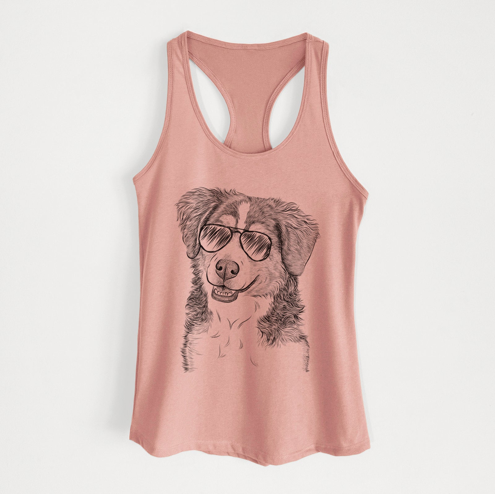 Hand-drawn sketch of Molly the Miniature Bernedoodle wearing aviator sunglasses on a Desert Pink Women's racerback tanktop