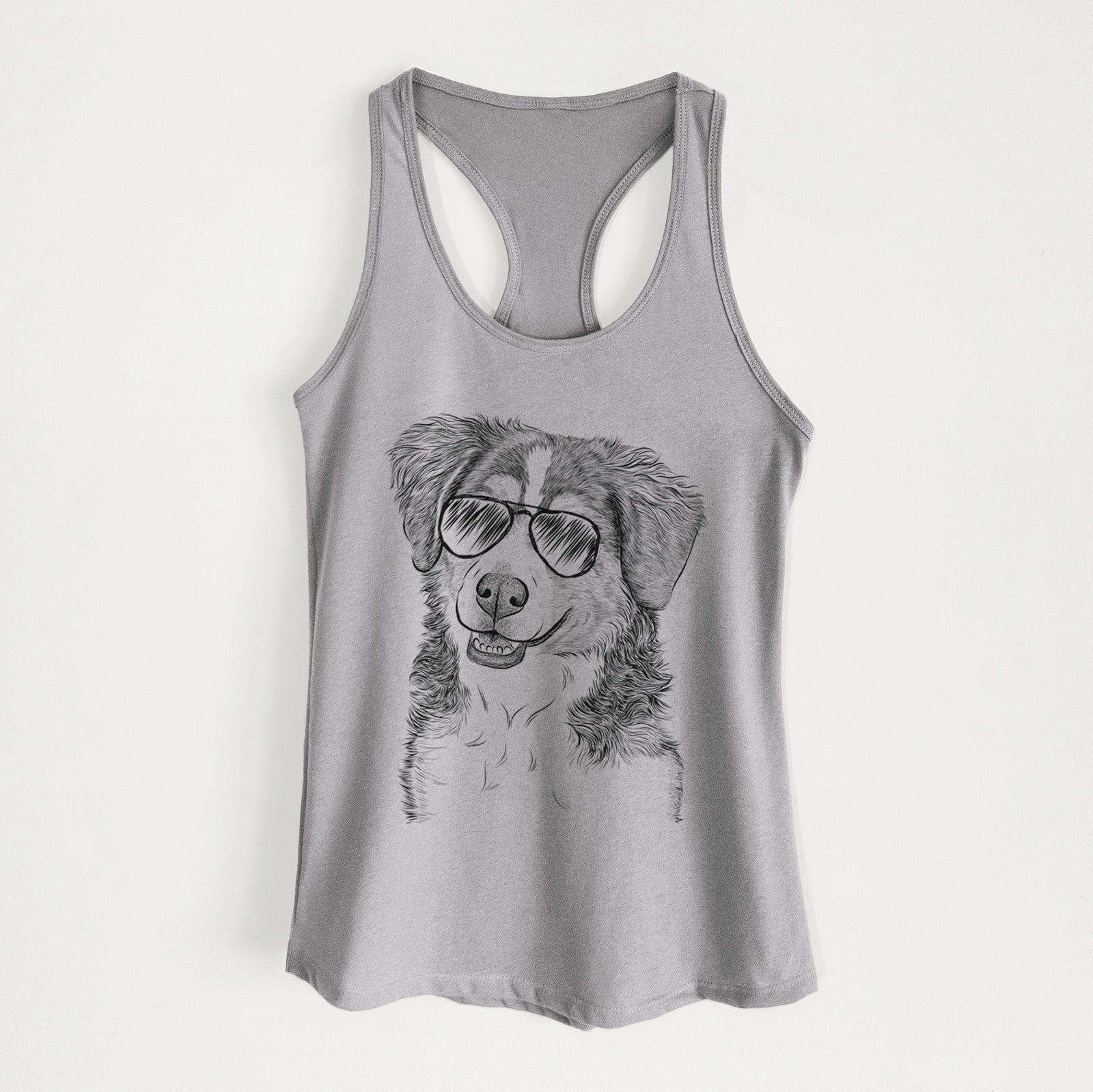 Hand-drawn sketch of Molly the Miniature Bernedoodle wearing aviator sunglasses on a Heather Grey Women's racerback tanktop
