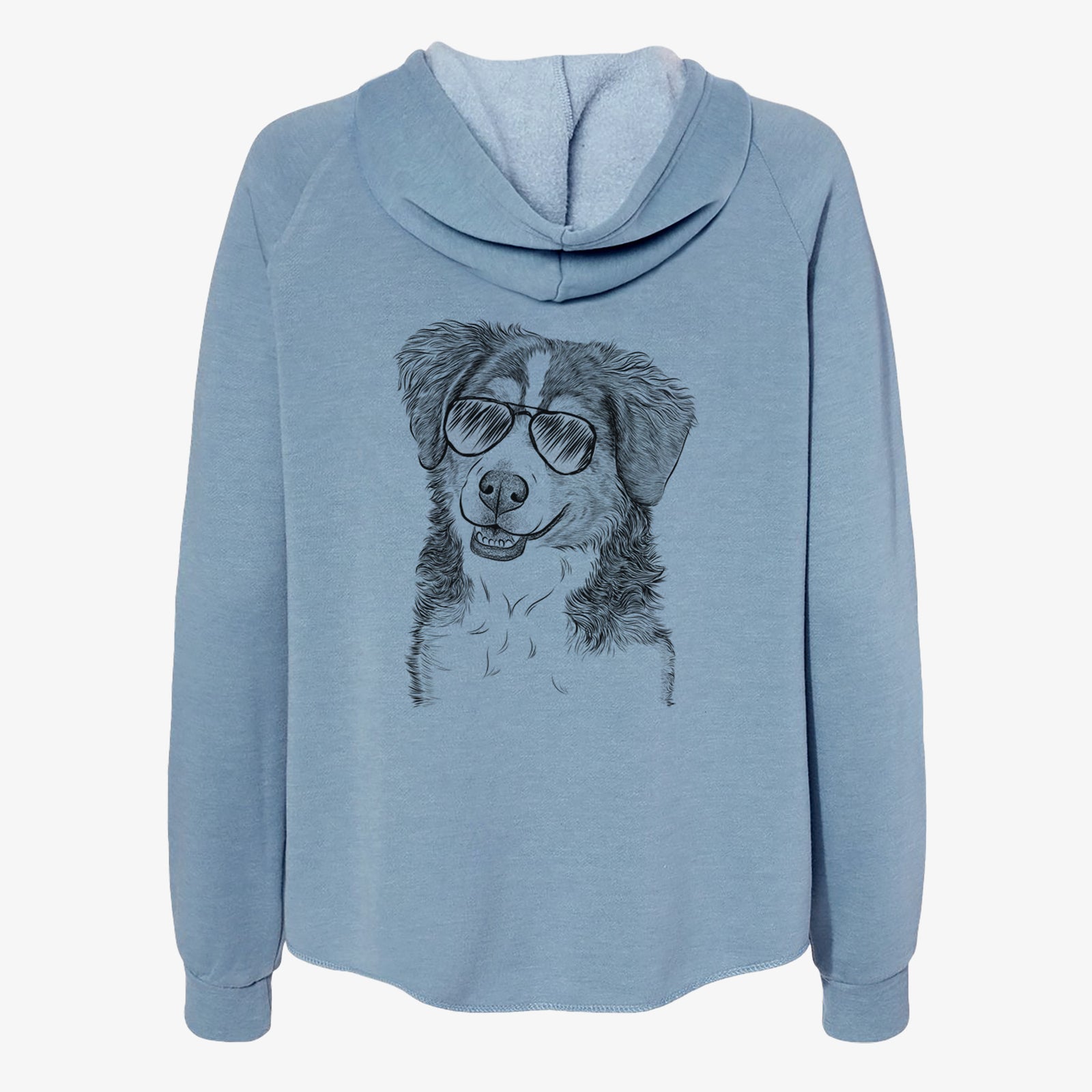 Hand-drawn sketch of Molly the Miniature Bernedoodle wearing aviator sunglasses on a Misty Blue Women's cali wave zip-up sweatshirt