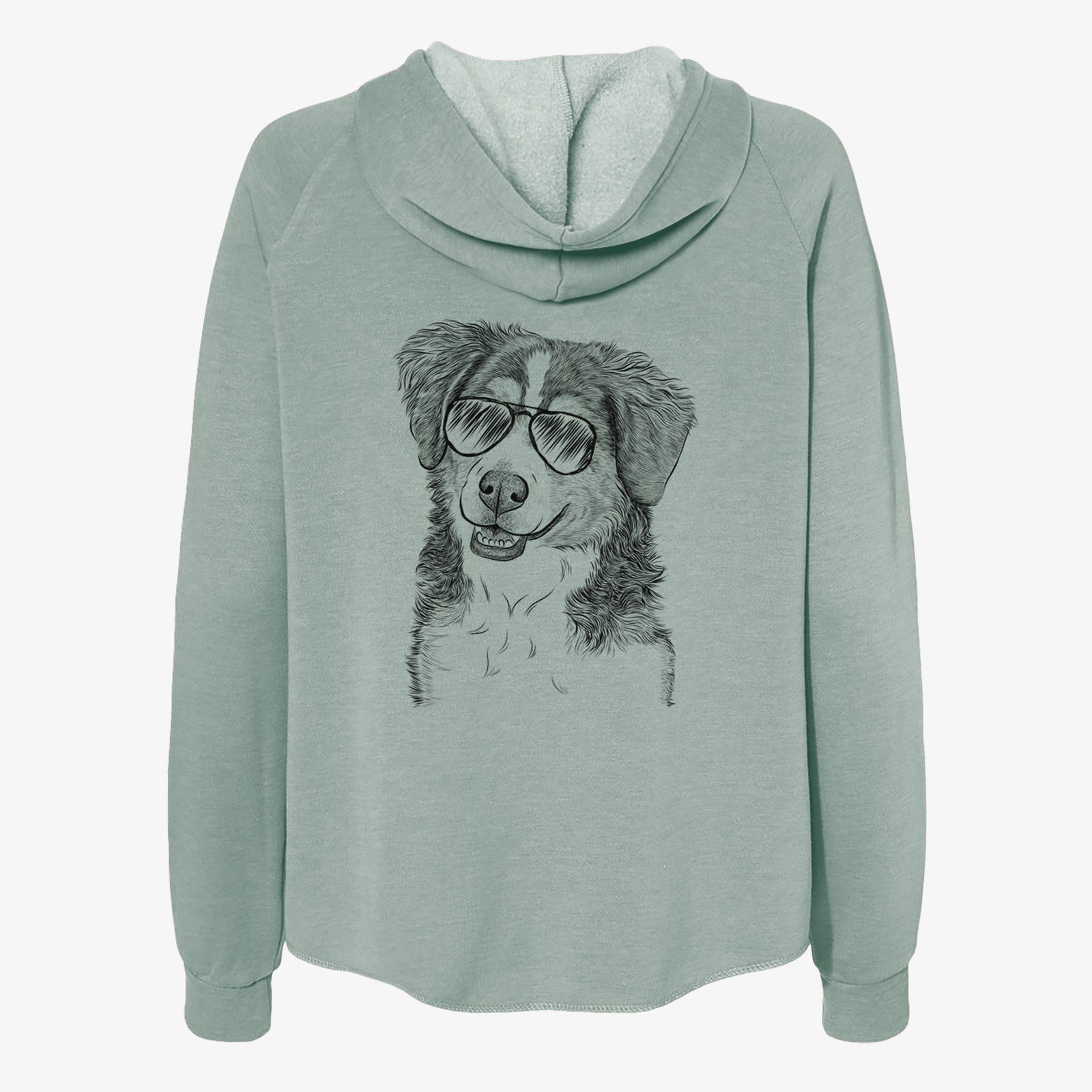 Hand-drawn sketch of Molly the Miniature Bernedoodle wearing aviator sunglasses on a Sage Women's cali wave zip-up sweatshirt
