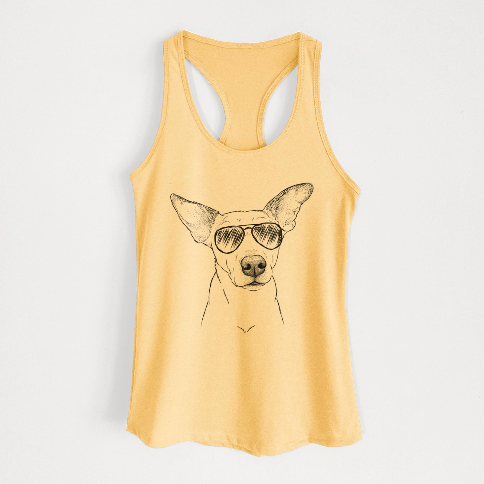 Hand-drawn sketch of Molly the Jack Russell Terrier wearing aviator sunglasses on a Banana Cream Women's racerback tanktop