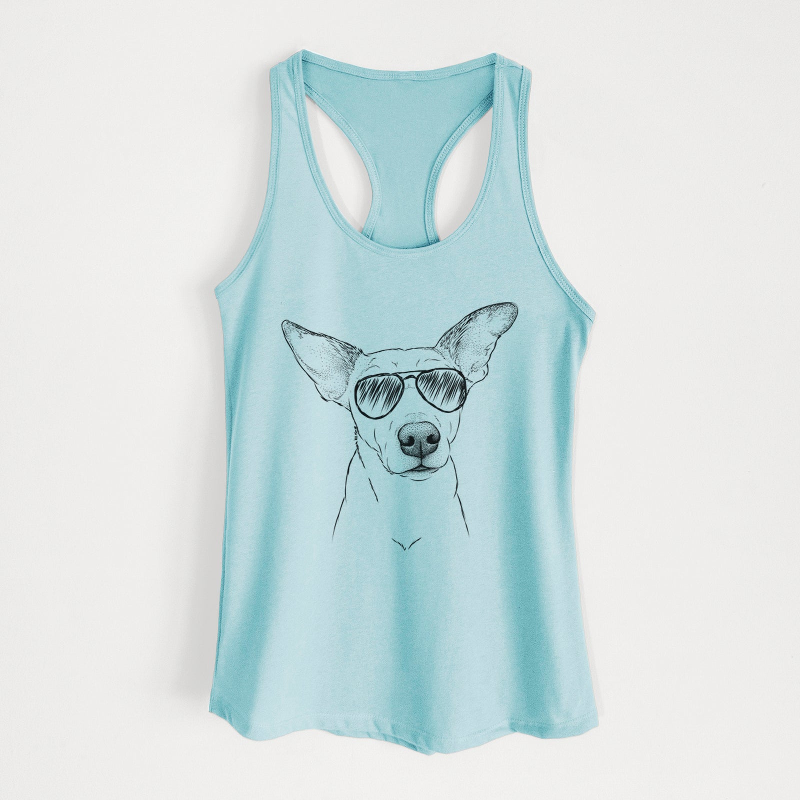 Hand-drawn sketch of Molly the Jack Russell Terrier wearing aviator sunglasses on a Cancun Blue Women's racerback tanktop