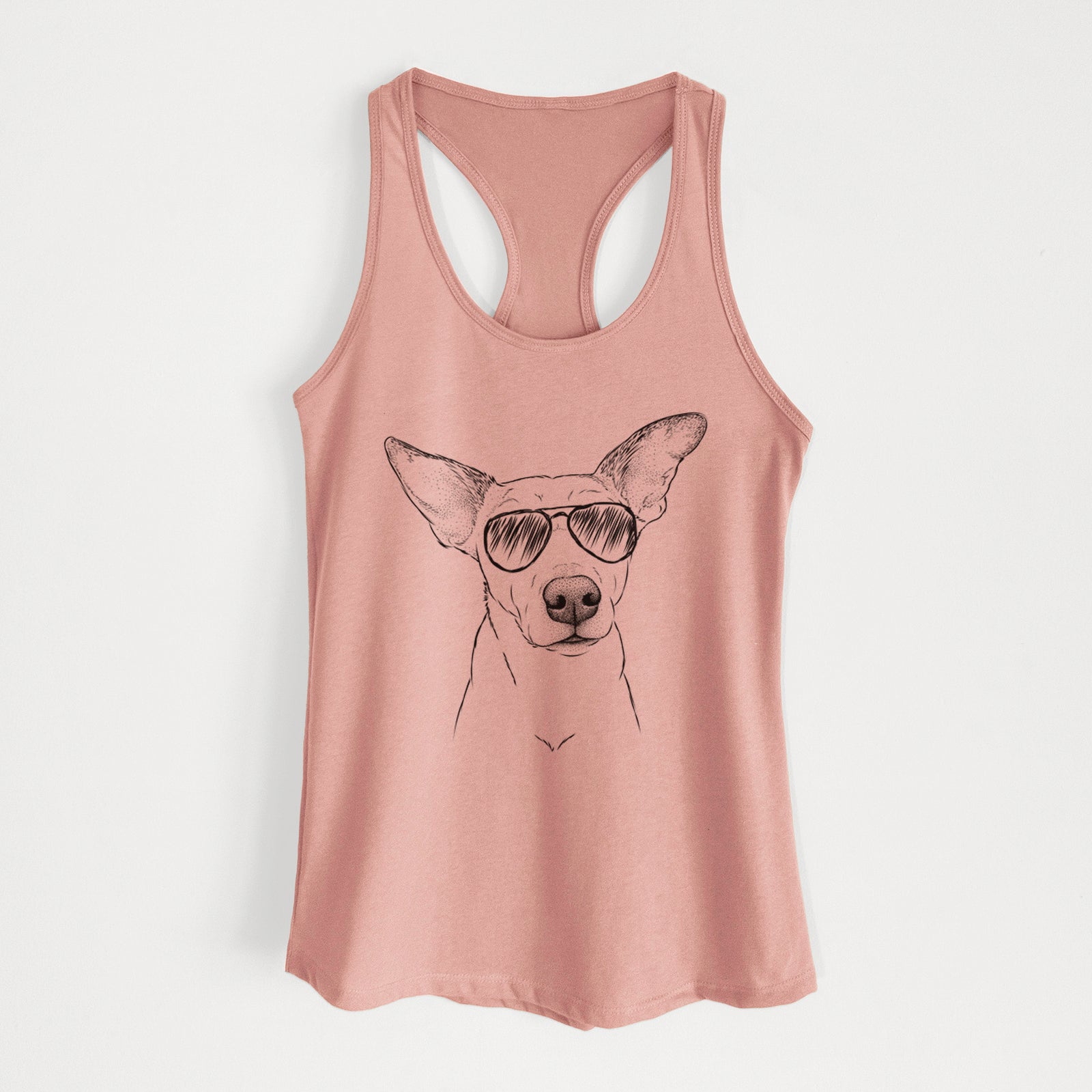 Hand-drawn sketch of Molly the Jack Russell Terrier wearing aviator sunglasses on a Desert Pink Women's racerback tanktop